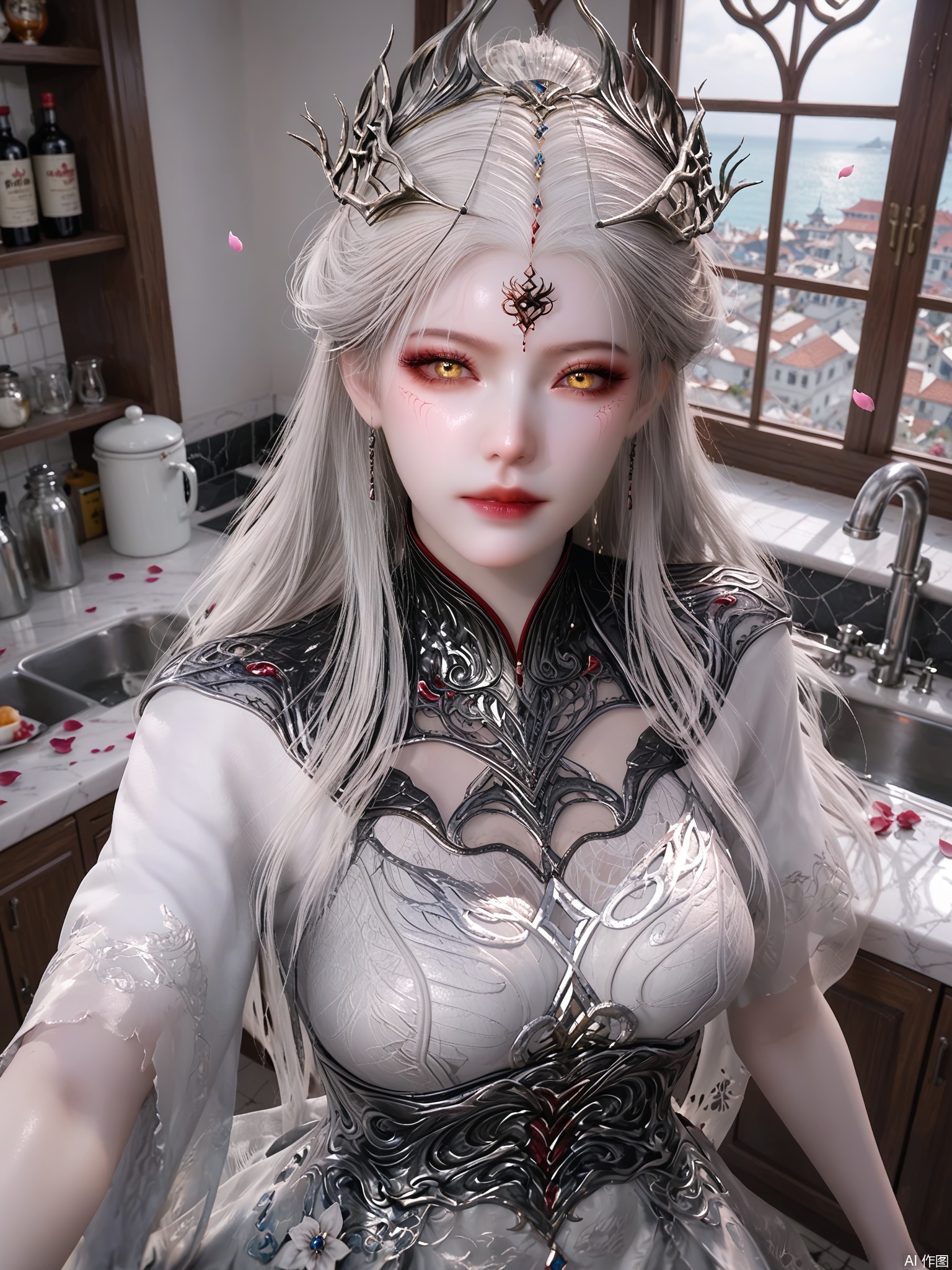 score_9,score_8_up,score_7_up,1girl,looking_at_viewer,realistic,1girl,Vivid Colors,bright environment,delicate water,hair_ornament,shiny skin,shiny hair,reflection,(wariza:1.2),dress,jewelry,flower sea,falling petals,extreme detail description,(upper body:0.4),put one hand on your side,long_hair,(skindentation:1.3),Fishnet stockings,bright,sunshine on face,white dress,chinese_clothes,white-hair,kitchen,yellow eyes,