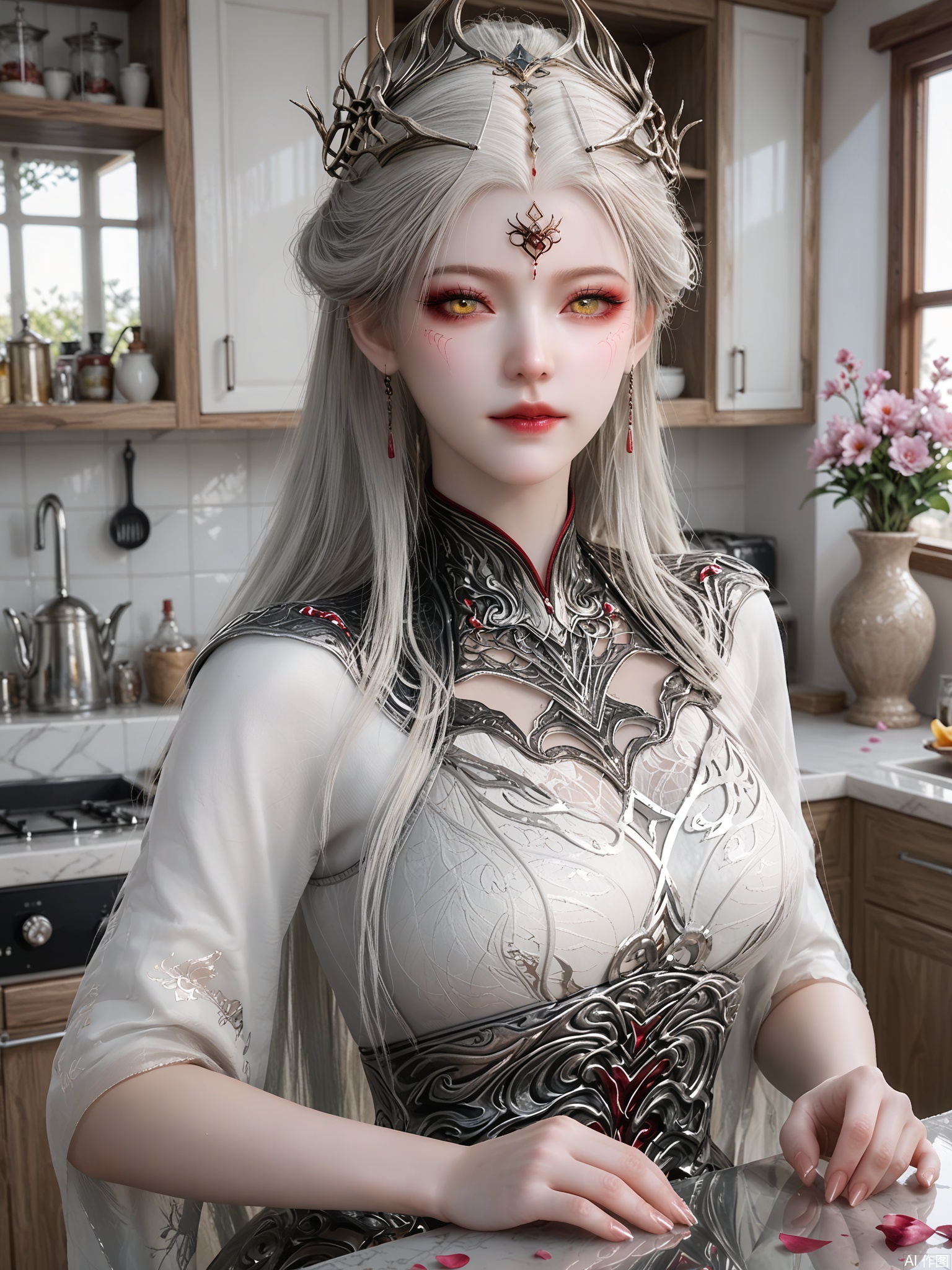 score_9,score_8_up,score_7_up,1girl,looking_at_viewer,realistic,1girl,Vivid Colors,bright environment,delicate water,hair_ornament,shiny skin,shiny hair,reflection,(wariza:1.2),dress,jewelry,flower sea,falling petals,extreme detail description,(upper body:1),put one hand on your side,long_hair,(skindentation:1.3),Fishnet stockings,bright,sunshine on face,white dress,chinese_clothes,white-hair,kitchen,yellow eyes,