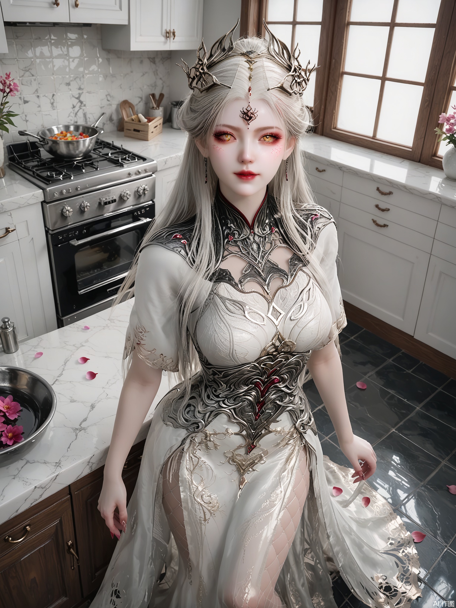score_9,score_8_up,score_7_up,1girl,looking_at_viewer,realistic,1girl,Vivid Colors,bright environment,delicate water,hair_ornament,shiny skin,shiny hair,reflection,(wariza:1.2),dress,jewelry,flower sea,falling petals,extreme detail description,(full body:0.4),put one hand on your side,long_hair,(skindentation:1.3),Fishnet stockings,bright,sunshine on face,white dress,chinese_clothes,white-hair,kitchen,yellow eyes,