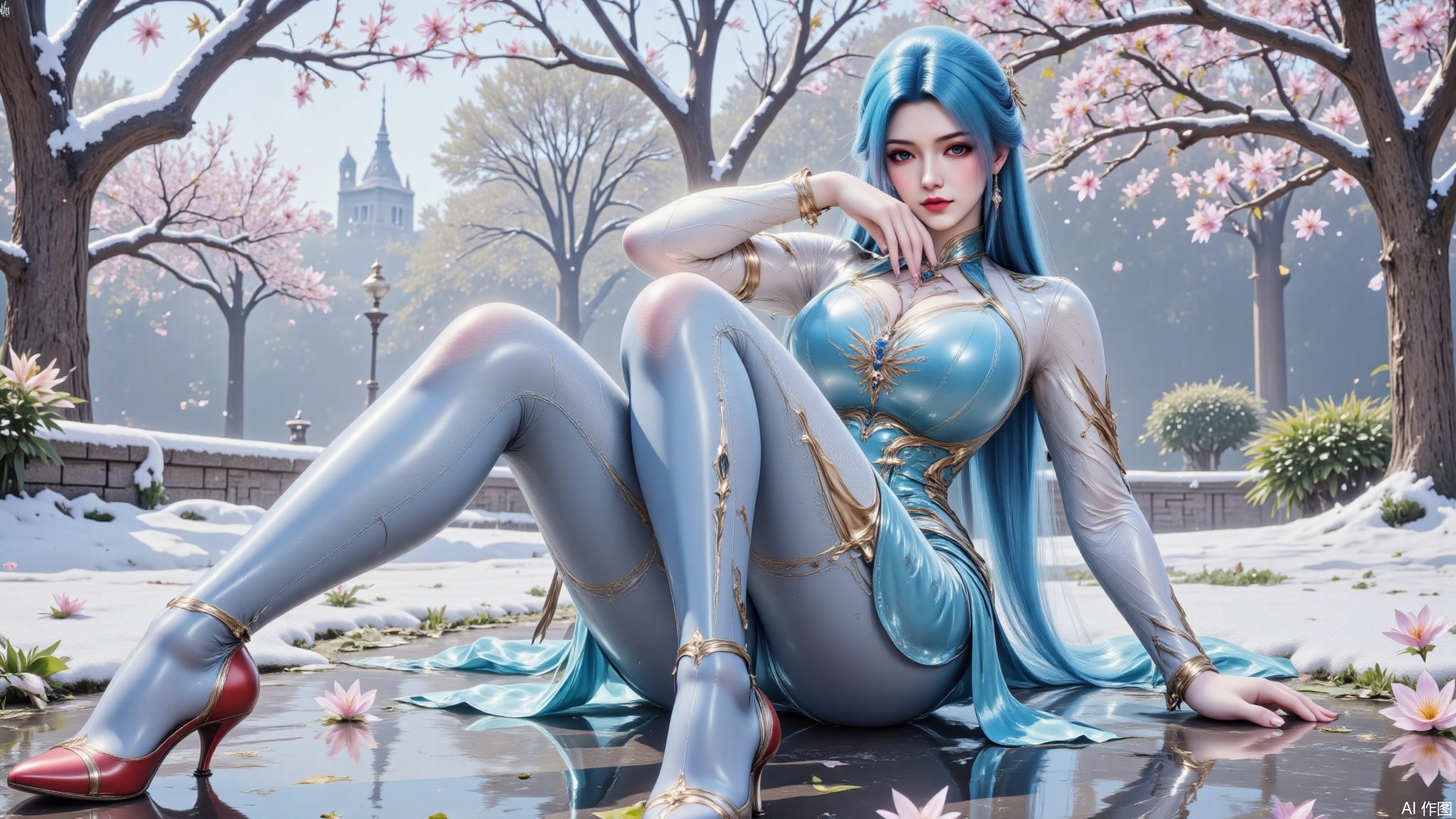 DTCwqe,1girl,solo,sitting and spreading her legs on the water,holding her hands on the water,bodysuit,shiny blue bodysuit,blue pantyhose,red footwear,long hair,breasts,large breasts,looking at viewer,hair ornament,blue hair,flowers,tree,snow,snowing,the snow soaked the clothes,LXQ-ba,petals,low angle shot,shot from below and the front