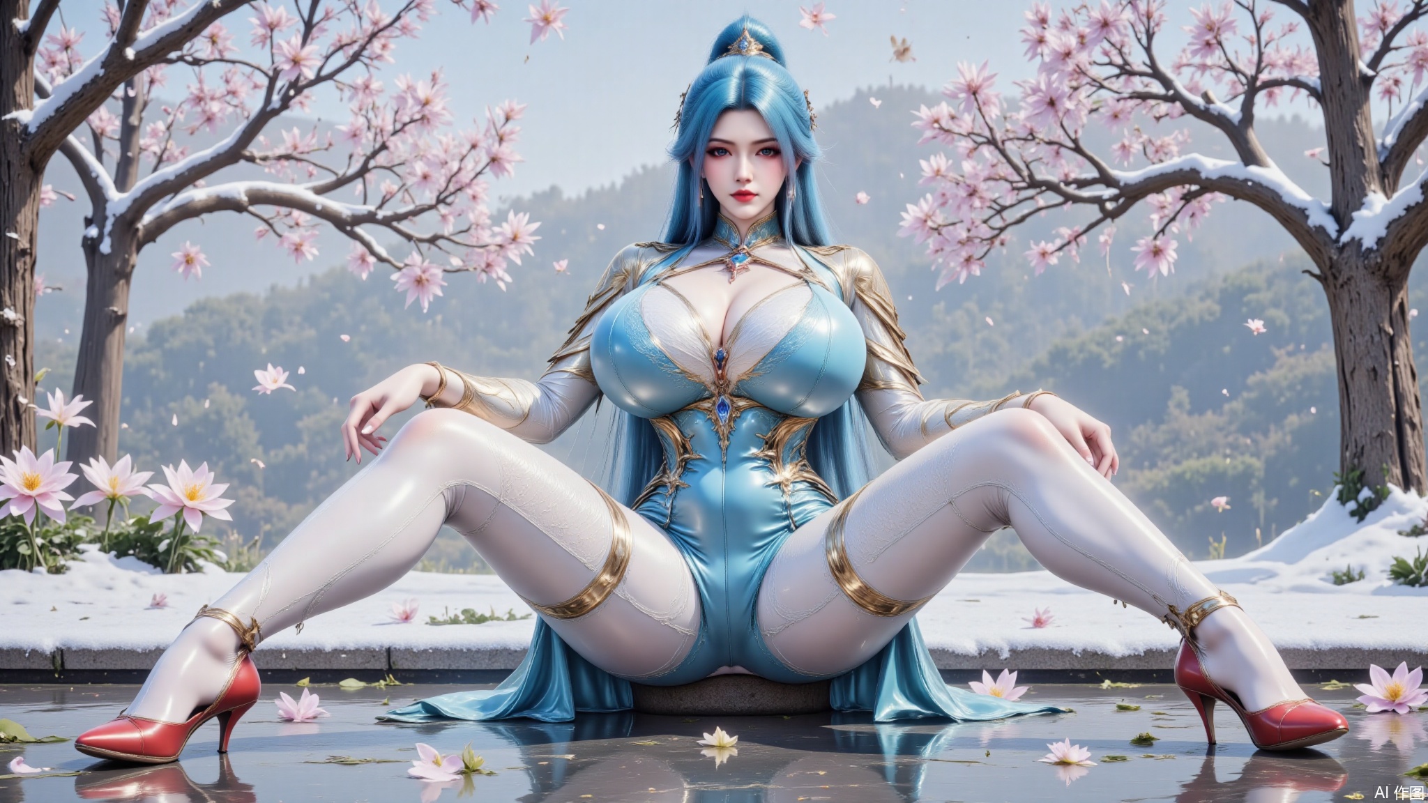 DTCwqe,1girl,solo,sitting and spreading her legs on the water,holding her hands on the water,bodysuit,shiny blue bodysuit,blue pantyhose,red footwear,long hair,breasts,large breasts,looking at viewer,hair ornament,blue hair,flowers,tree,snow,snowing,the snow soaked the clothes,LXQ-ba,petals,low angle shot,shot from below and the front
