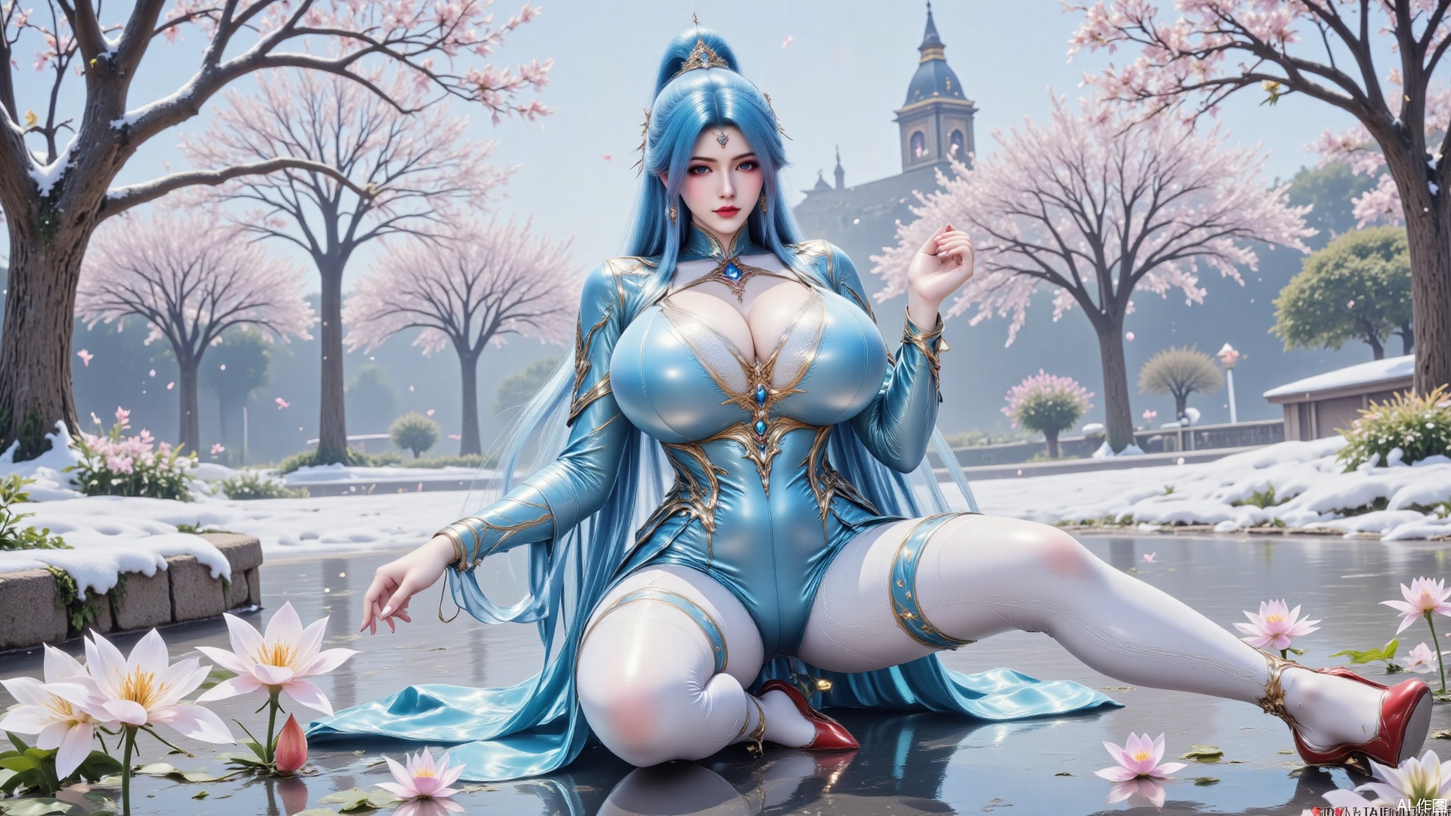 DTCwqe,1girl,solo,sitting and spreading her legs on the water,holding her hands on the water,bodysuit,shiny blue bodysuit,blue pantyhose,red footwear,long hair,breasts,large breasts,looking at viewer,hair ornament,blue hair,flowers,tree,snow,snowing,the snow soaked the clothes,LXQ-ba,petals,low angle shot,shot from below and the front