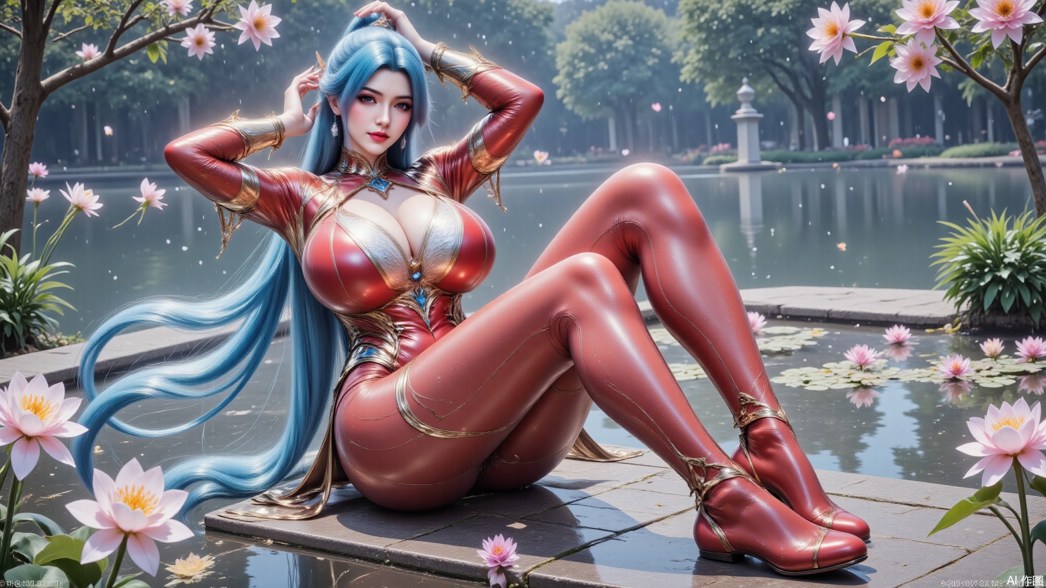DTCwqe,1girl,solo,sitting and spreading her legs on the water,crossing her arms above her head,bodysuit,shiny red bodysuit,red pantyhose,red footwear,long hair,breasts,large breasts,looking at viewer,hair ornament,blue hair,flowers,tree,rain,raining,the rain soaked the clothes,LXQ-ba,petals,high angle shot,shot from high and the front
