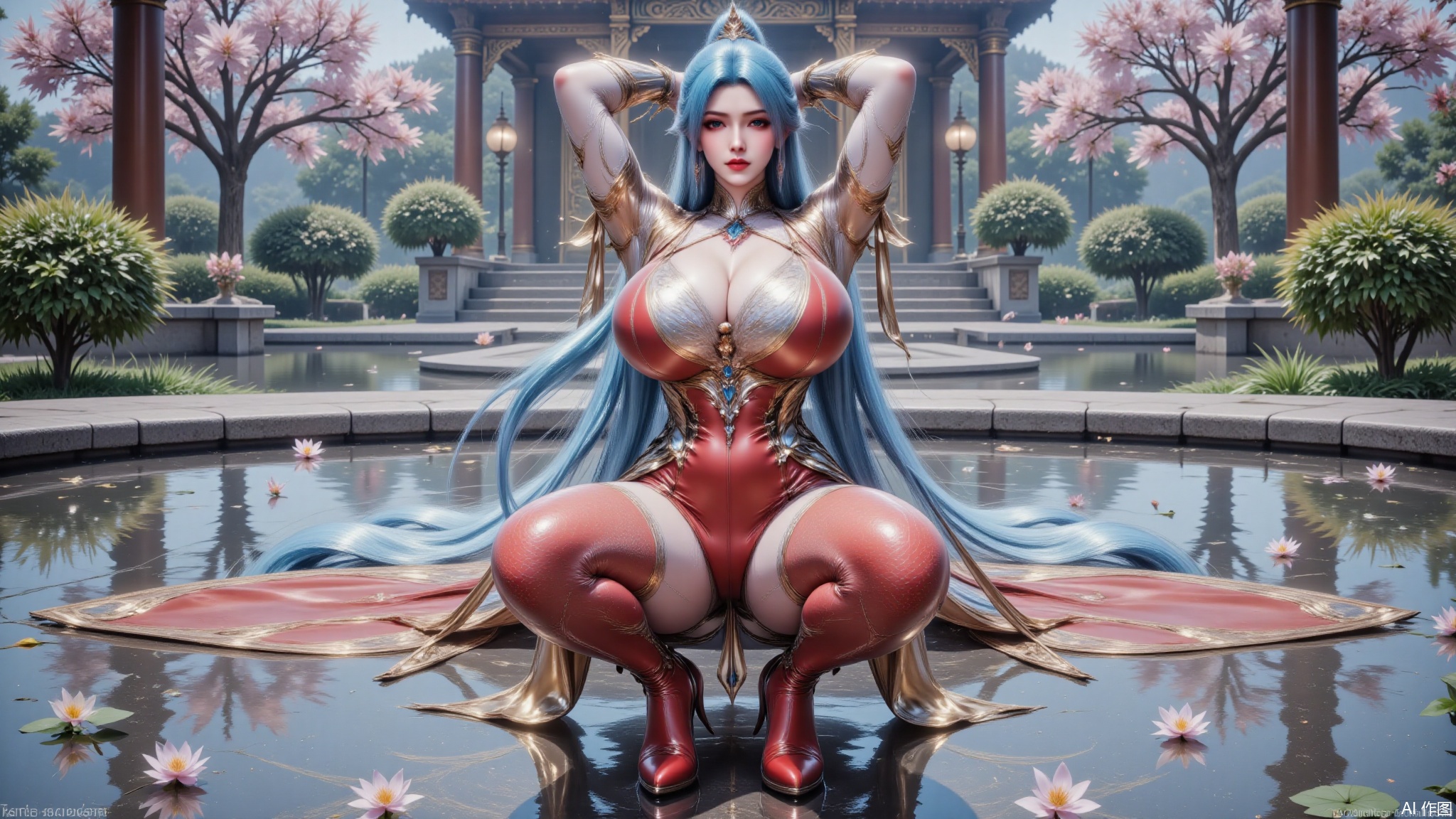 DTCwqe,1girl,solo,sitting and spreading her legs on the water,crossing her arms above her head,bodysuit,shiny red bodysuit,red pantyhose,red footwear,long hair,breasts,large breasts,looking at viewer,hair ornament,blue hair,flowers,tree,rain,raining,the rain soaked the clothes,LXQ-ba,petals,high angle shot,shot from high and the front