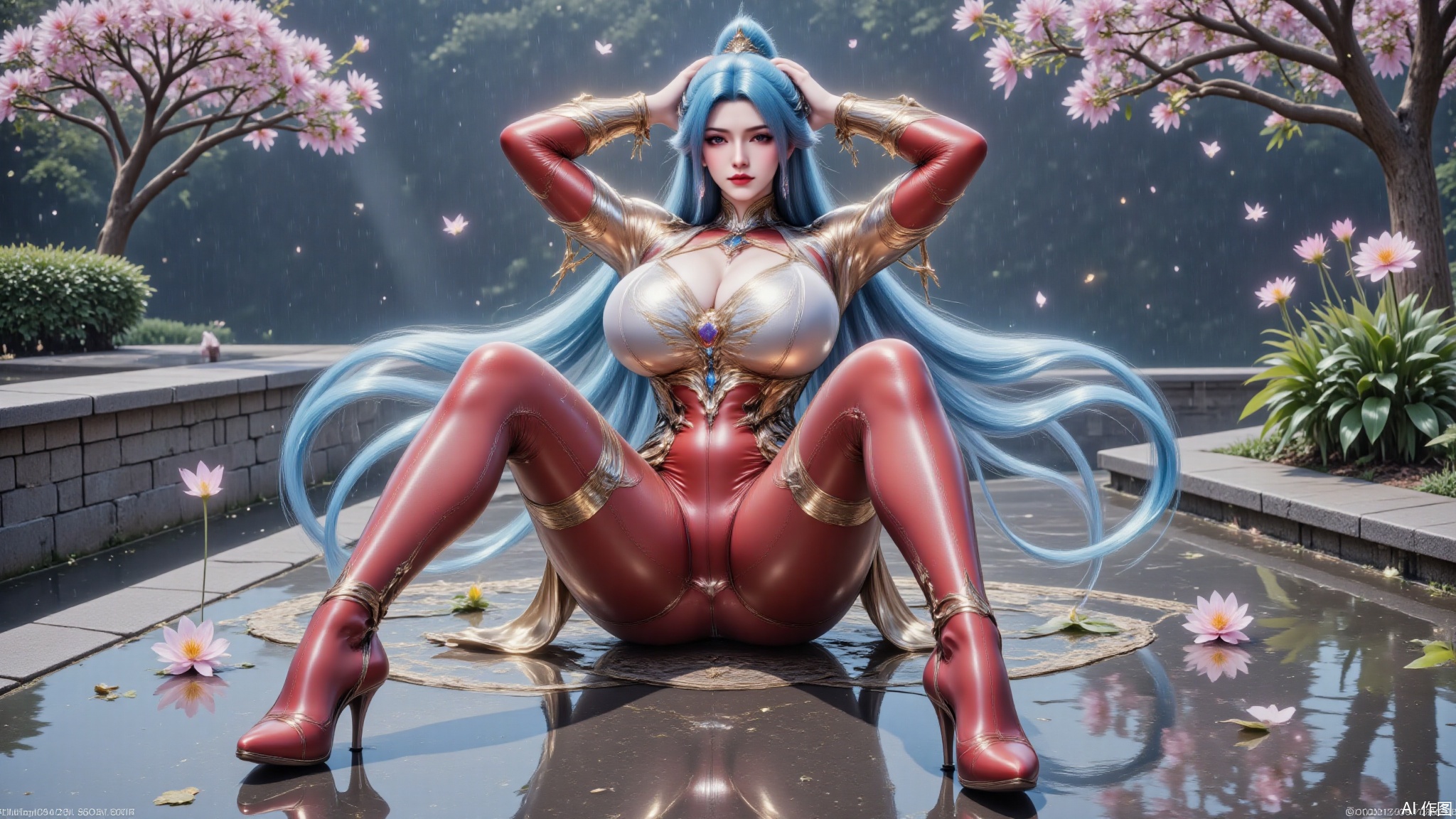 DTCwqe,1girl,solo,sitting and spreading her legs on the water,crossing her arms above her head,bodysuit,shiny red bodysuit,red pantyhose,red footwear,long hair,breasts,large breasts,looking at viewer,hair ornament,blue hair,flowers,tree,rain,raining,the rain soaked the clothes,LXQ-ba,petals,high angle shot,shot from high and the front