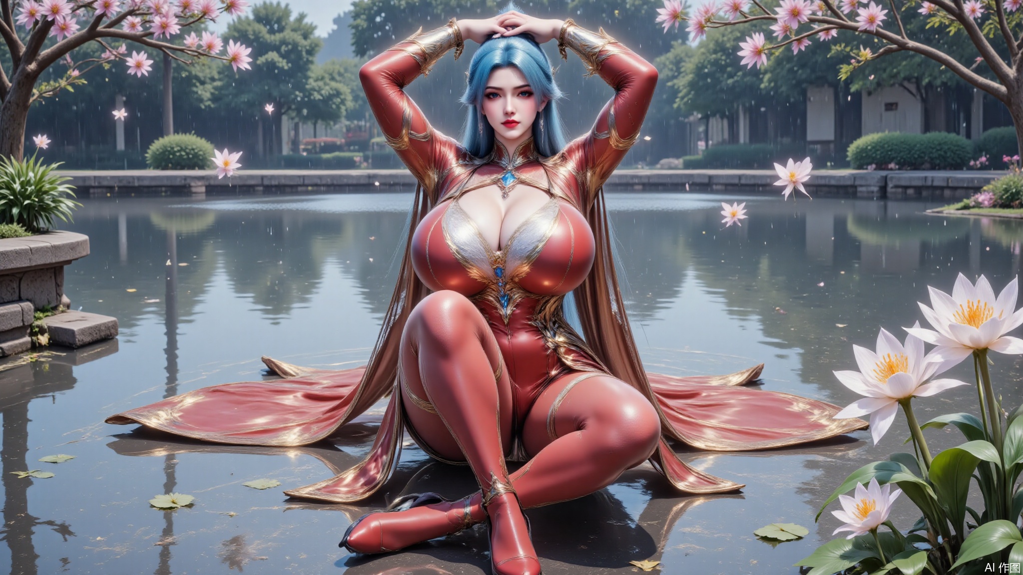 DTCwqe,1girl,solo,sitting and spreading her legs on the water,crossing her arms above her head,bodysuit,shiny red bodysuit,red pantyhose,red footwear,long hair,breasts,large breasts,looking at viewer,hair ornament,blue hair,flowers,tree,rain,raining,the rain soaked the clothes,LXQ-ba,petals,high angle shot,shot from high and the front