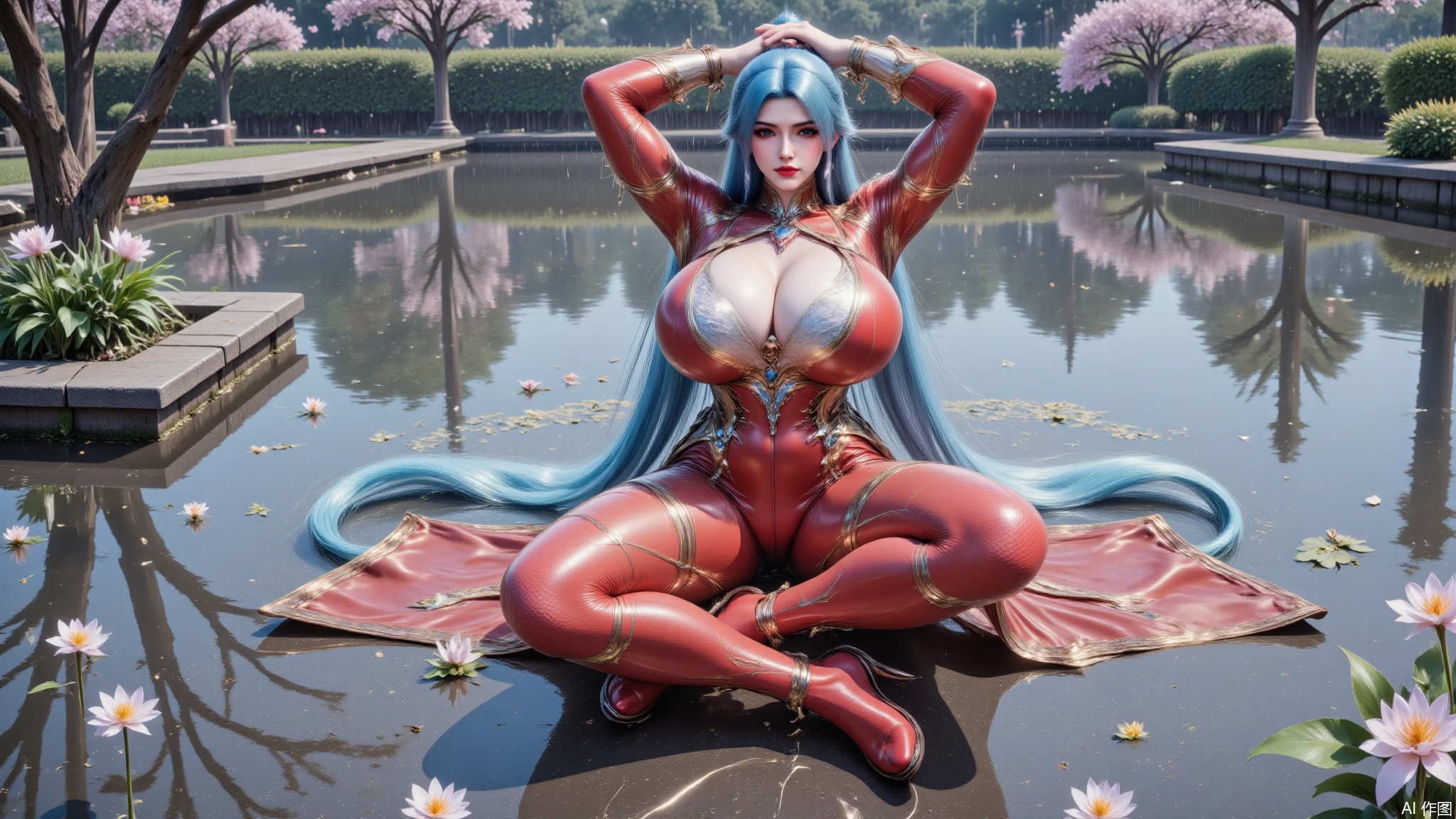 DTCwqe,1girl,solo,sitting and spreading her legs on the water,crossing her arms above her head,bodysuit,shiny red bodysuit,red pantyhose,red footwear,long hair,breasts,large breasts,looking at viewer,hair ornament,blue hair,flowers,tree,rain,raining,the rain soaked the clothes,LXQ-ba,petals,high angle shot,shot from high and the front