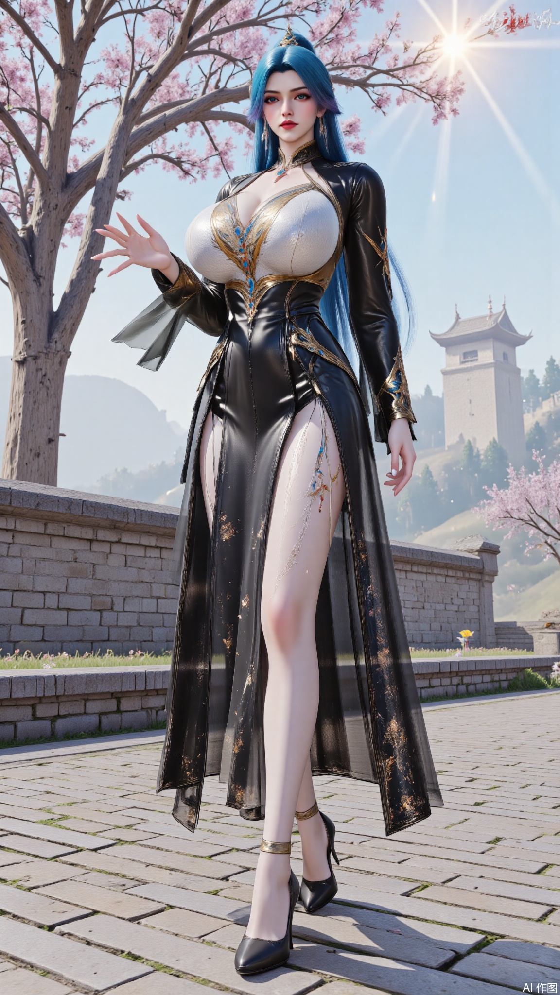YMJHxlyy,1girl,solo,holding her breasts in her hands,clothing covers the breasts,blue hair,black footwear,full body,luxueqi,DTCmoyu,Hugebr,red lips,flowers,tree,sun,shine,LXQ-ba,