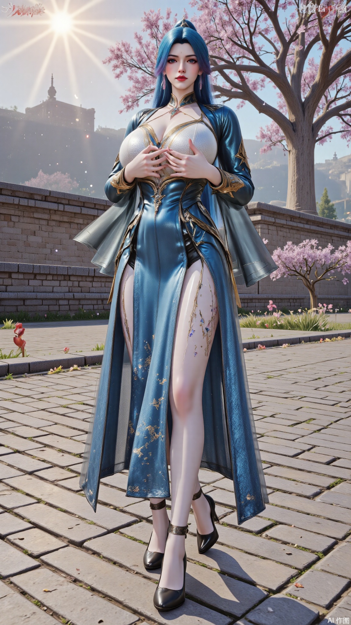 YMJHxlyy,1girl,solo,holding her breasts in her hands,clothing covers the breasts,blue hair,black footwear,full body,luxueqi,DTCmoyu,Hugebr,red lips,flowers,tree,sun,shine,LXQ-ba,