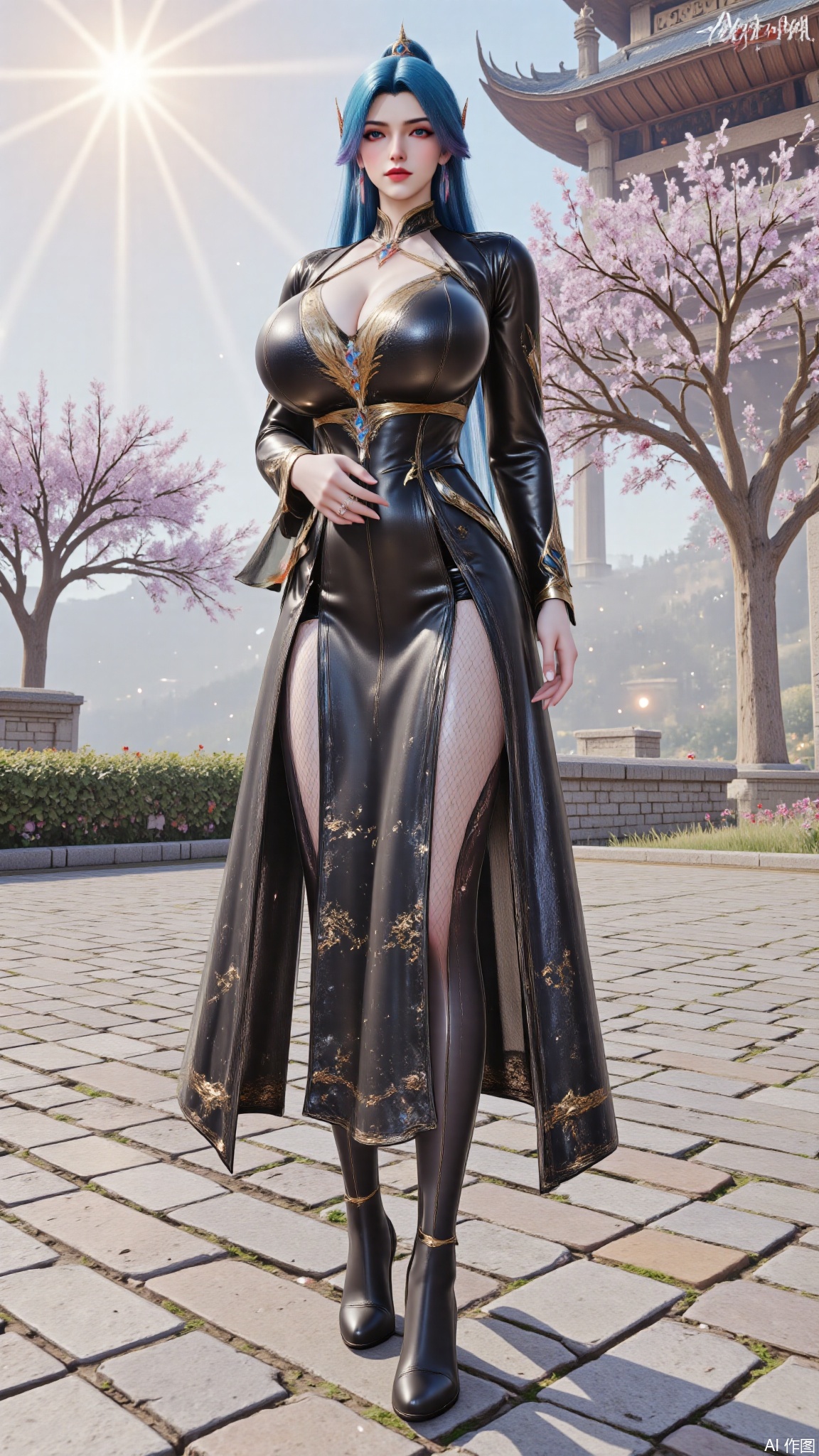 YMJHxlyy,1girl,solo,holding her breasts in her hands,clothing covers the breasts,blue hair,black footwear,full body,luxueqi,DTCmoyu,Hugebr,red lips,flowers,tree,sun,shine,LXQ-ba,