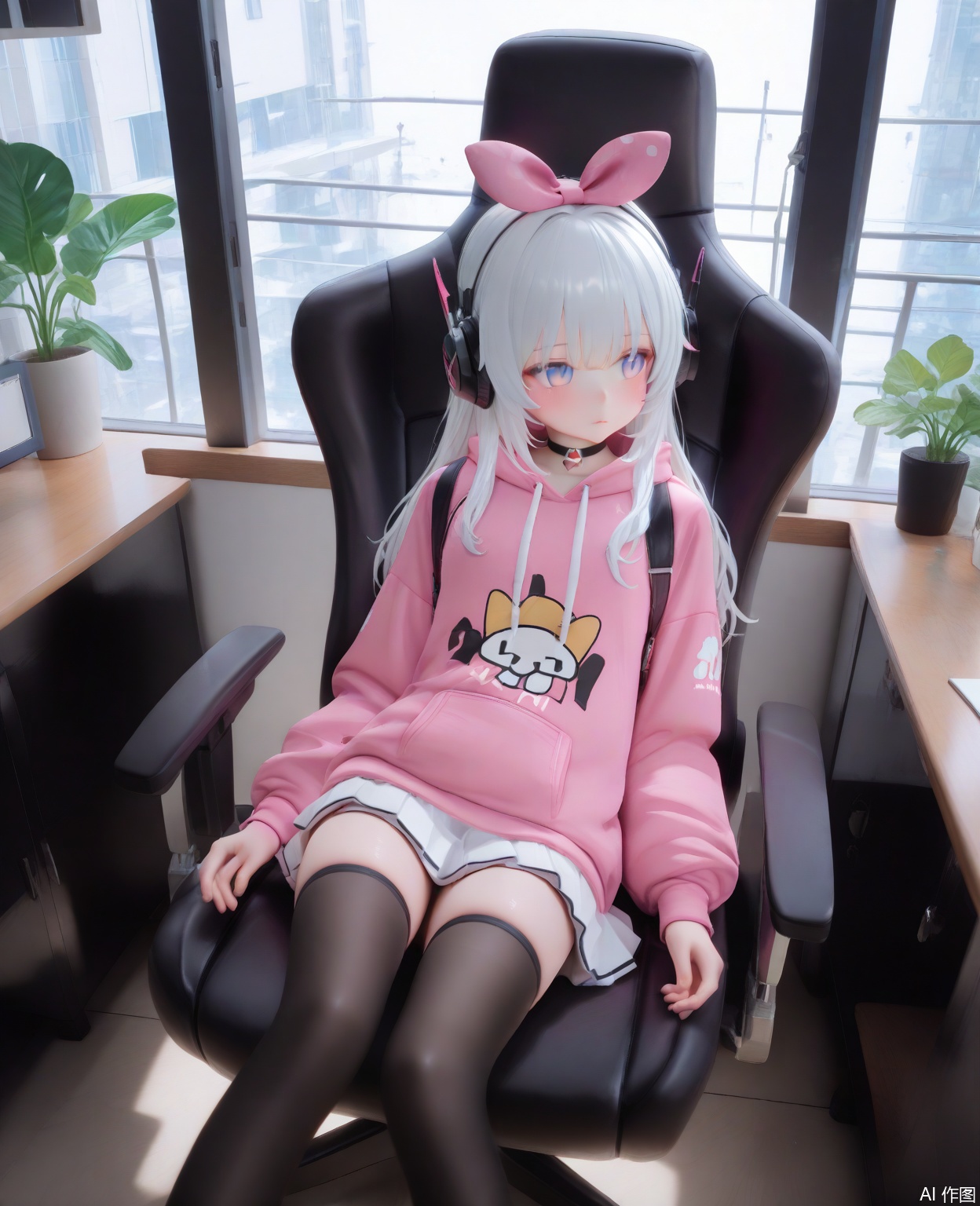 masterpiece,high quality,best quality,1loli,sit on the chair,long hair,bangs,skirt,thighhighs,long sleeves,bow,purple eyes,multicolored eyes,white hair,hair bow,jacket,pink jacket,pleated skirt,shoes,choker,black choker,black thighhighs,hood,miniskirt,hoodie,thigh strap,headphones,white footwear,white skirt,pink hoodie,catfox