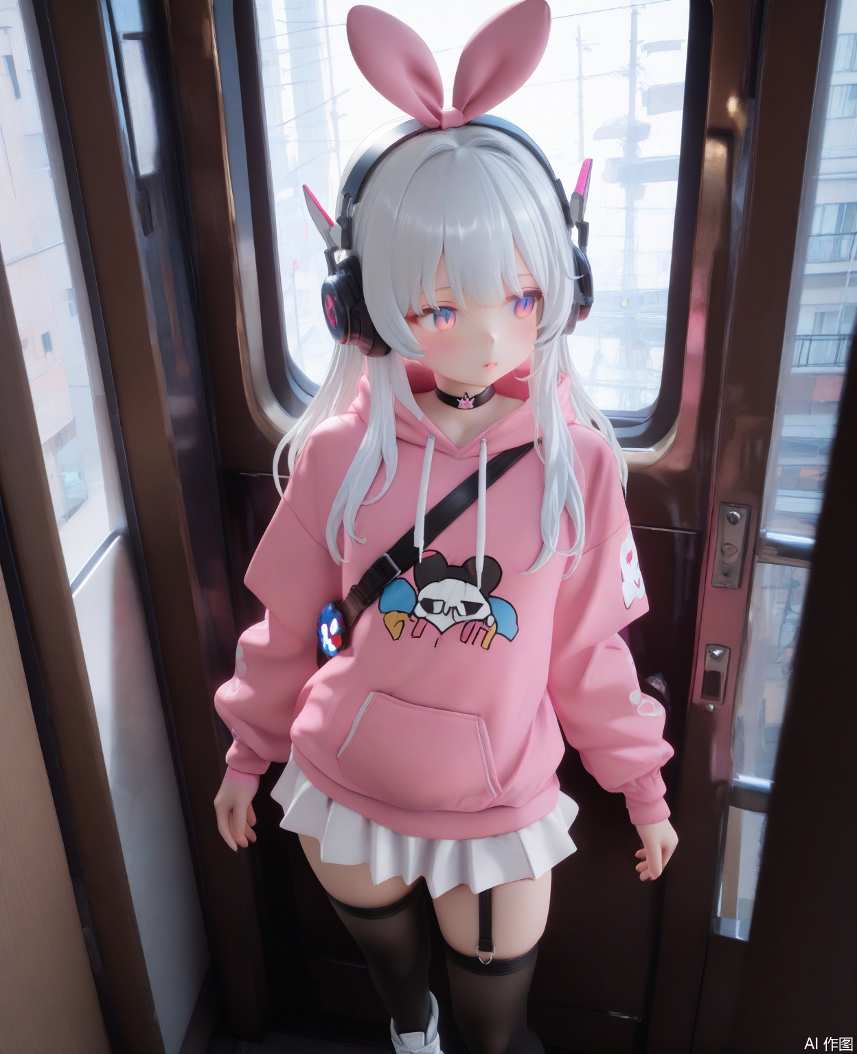 masterpiece,high quality,best quality,1loli,baby fat,ong hair,bangs,skirt,thighhighs,long sleeves,bow,purple eyes,multicolored eyes,white hair,hair bow,jacket,pink jacket,bag,pleated skirt,shoes,choker,black choker,black thighhighs,hood,miniskirt,hoodie,thigh strap,headphones,white footwear,white skirt,pink hoodie,catfox