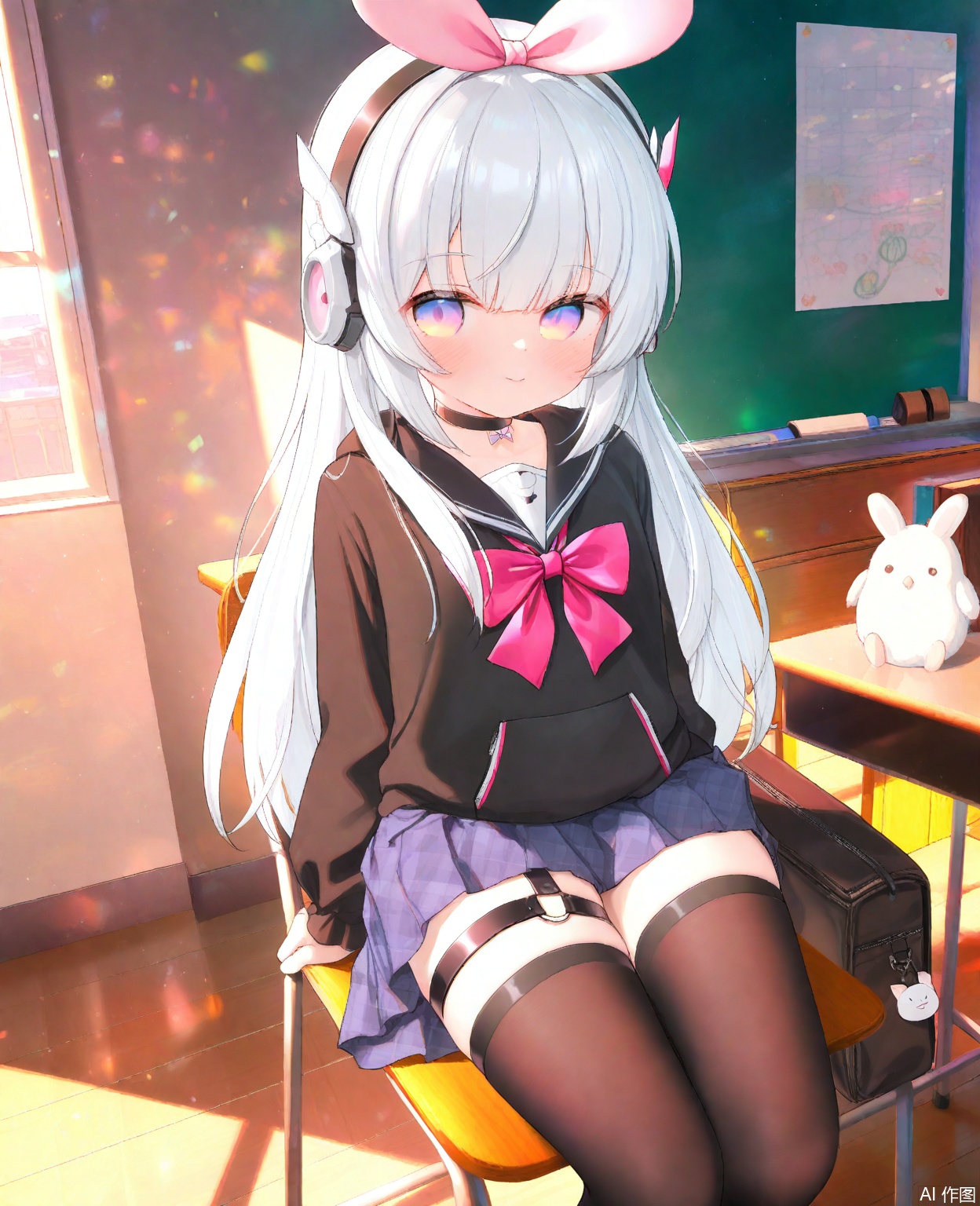 masterpiece,high quality,best quality,1loli,sit on the chair,baby fat,ong hair,bangs,skirt,thighhighs,long sleeves,bow,purple eyes,multicolored eyes,white hair,hair bow,bag,choker,black choker,black thighhighs,hood,thigh strap,hair ornament,headphones,school_uniforms,serafuku,catfox,in classroom