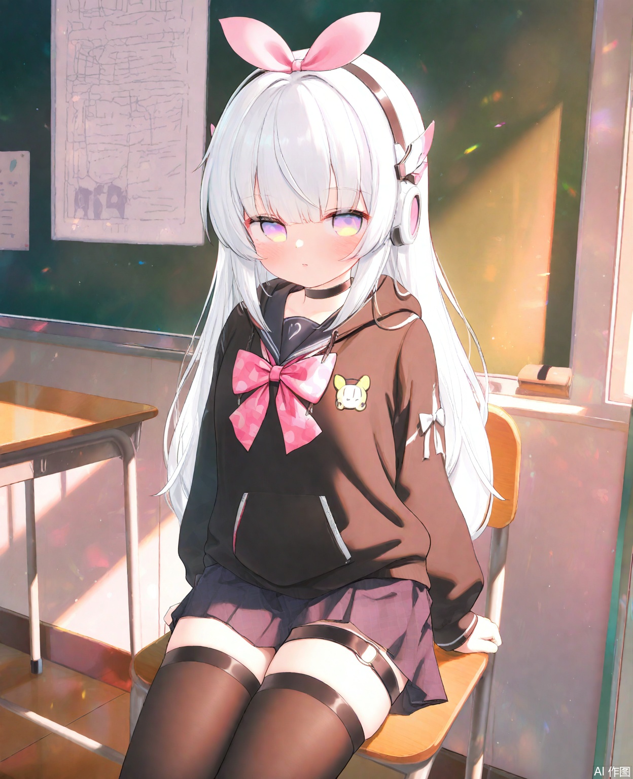 masterpiece,high quality,best quality,1loli,sit on the chair,baby fat,ong hair,bangs,skirt,thighhighs,long sleeves,bow,purple eyes,multicolored eyes,white hair,hair bow,bag,choker,black choker,black thighhighs,hood,thigh strap,hair ornament,headphones,school_uniforms,serafuku,catfox,in classroom