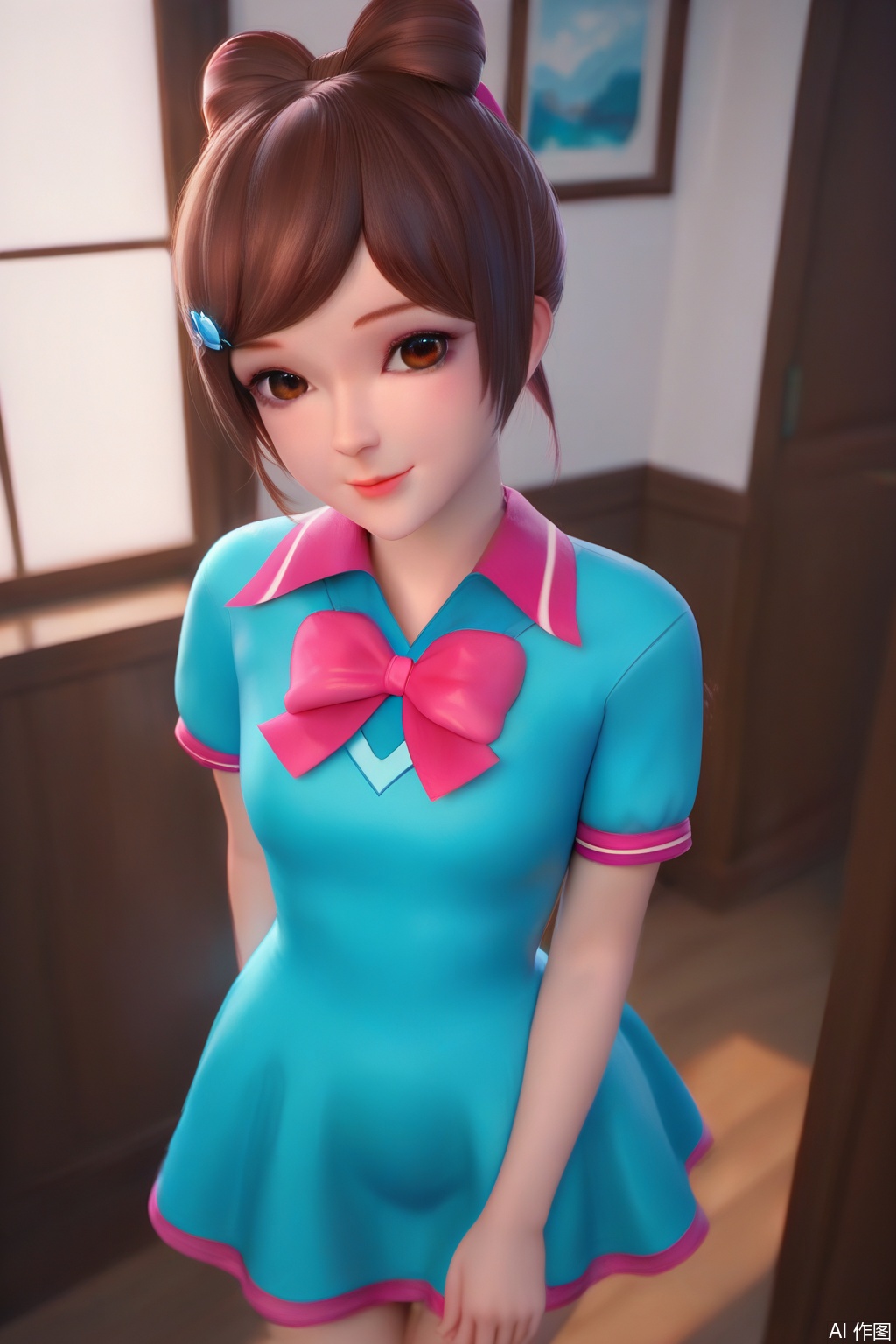 score_9,score_8_up,score_7_up,1girl,solo,looking at viewer,smile,bangs,brown hair,hair ornament,dress,pink bow,brown eyes,short sleeves,hair bun,blue dress,short dress,single hair bun,indoors,pov,from above