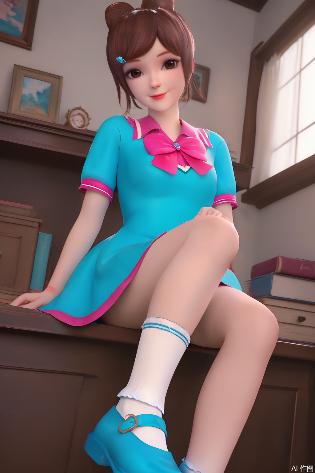 score_9,score_8_up,score_7_up,1girl,solo,looking at viewer,smile,short hair,bangs,brown hair,hair ornament,dress,pink bow,brown eyes,short sleeves,shoes,socks,hair bun,blue dress,short dress,single hair bun,white socks,mary janes,blue footwear,indoors,sitting,pov,Maiden,