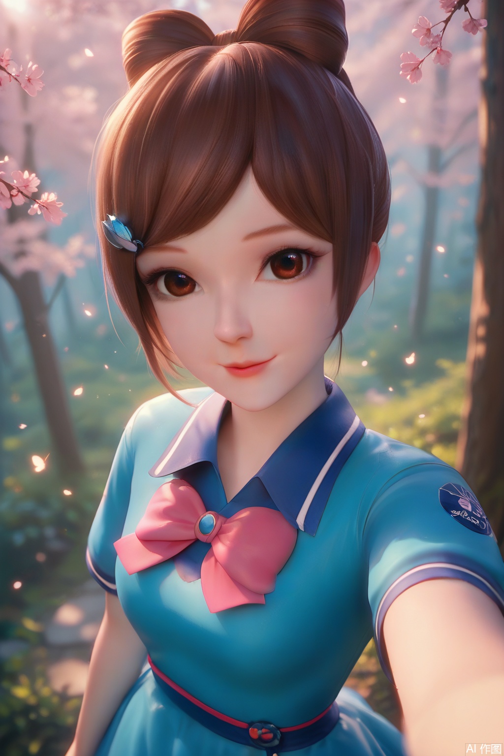 score_9,score_8_up,score_7_up,1girl,solo,looking at viewer,smile,bangs,brown hair,hair ornament,dress,pink bow,brown eyes,short sleeves,hair bun,blue dress,single hair bun,forest,Firefly,Cherry Blossoms,Maple Leaf,from above,portrait,Selfie Lens,photobomb