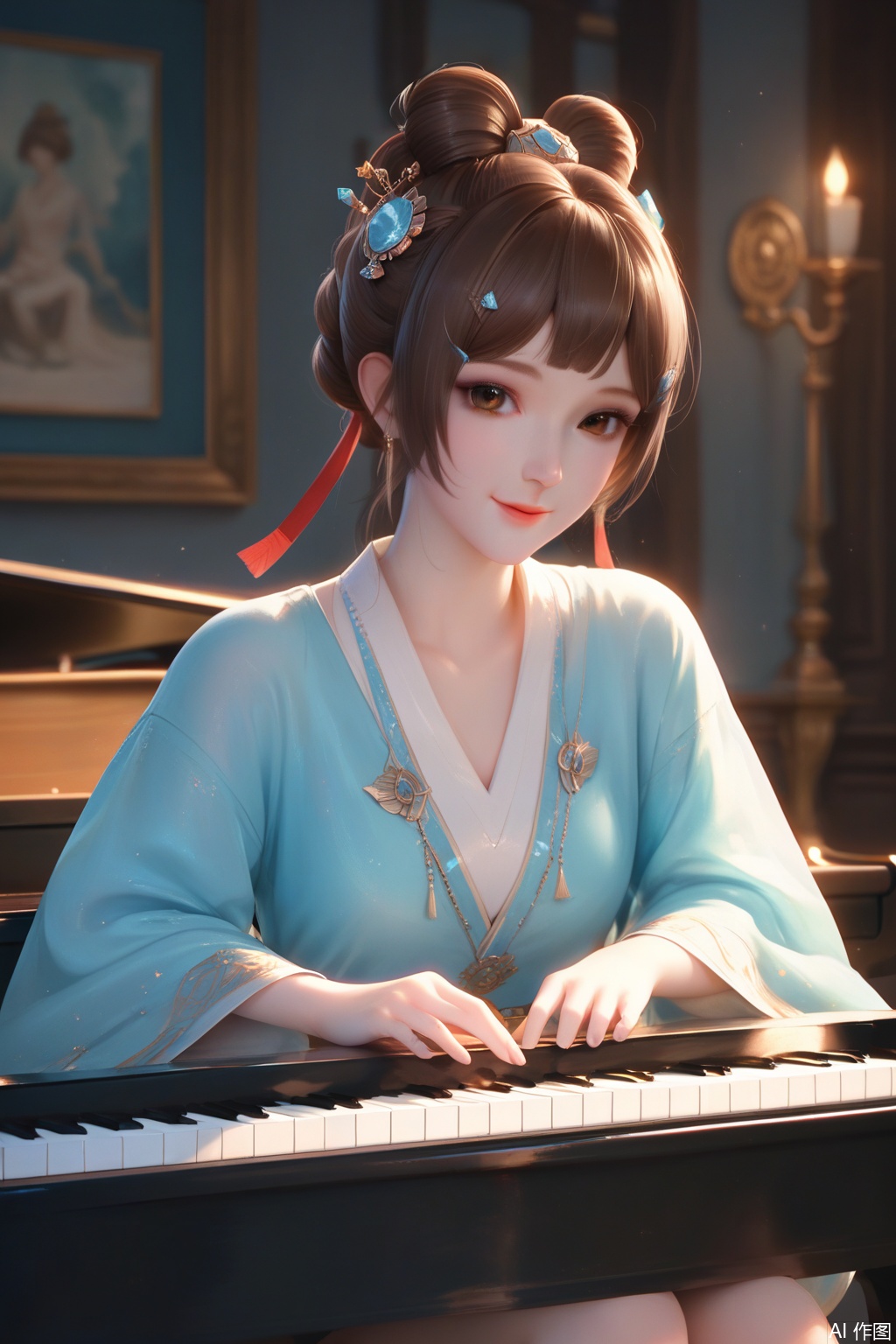 score_9,score_8_up,score_7_up,1girl,solo,looking at viewer,smile,bangs,brown hair,hair ornament,brown eyes,hair bun,single hair bun, piano,piano bench,playing piano,A musical performance,A blue room made of crystal,Ancient Style,Ancient Costume