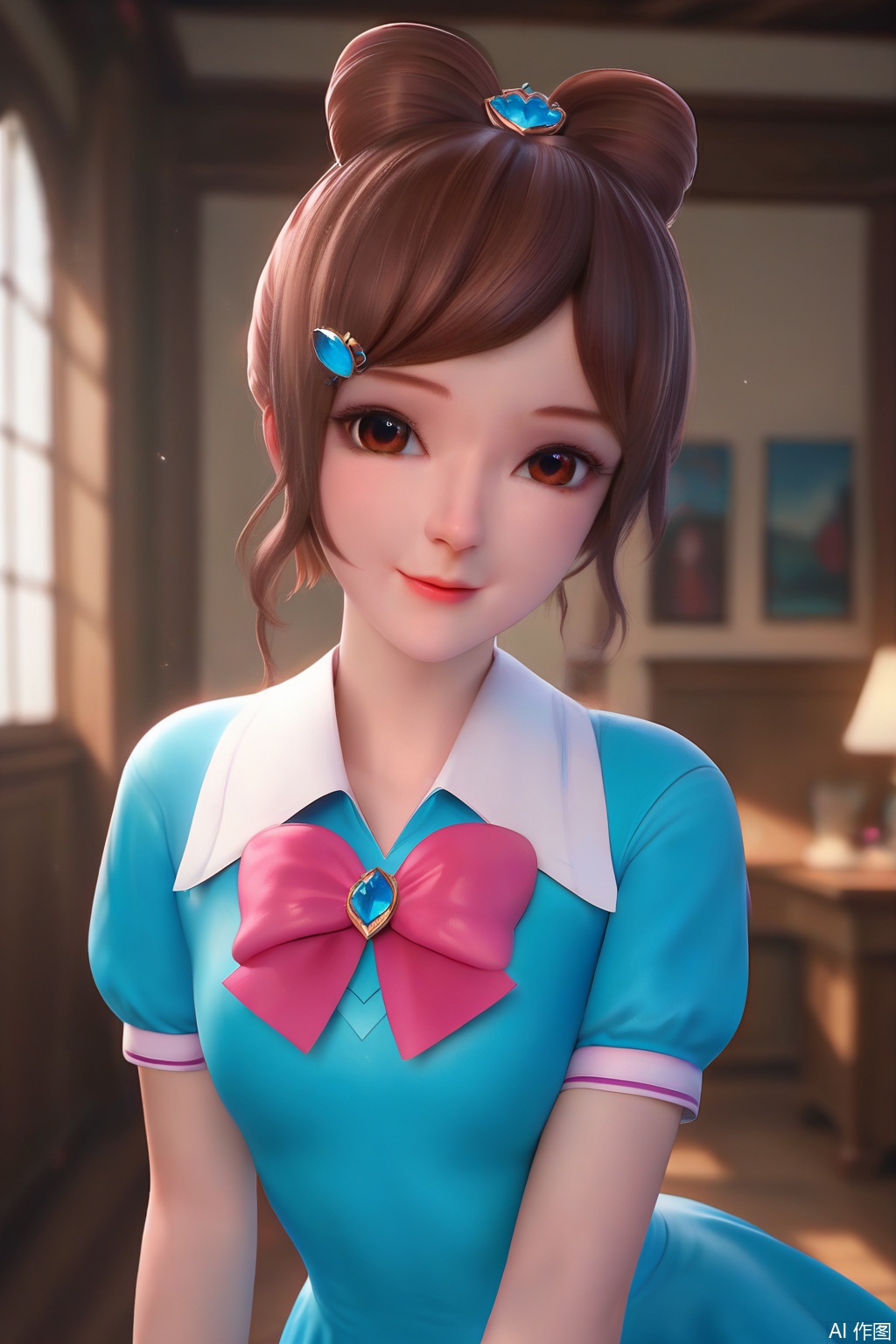 score_9,score_8_up,score_7_up,1girl,solo,looking at viewer,smile,bangs,brown hair,hair ornament,dress,pink bow,brown eyes,short sleeves,hair bun,blue dress,short dress,single hair bun,indoors,pov,Maiden,