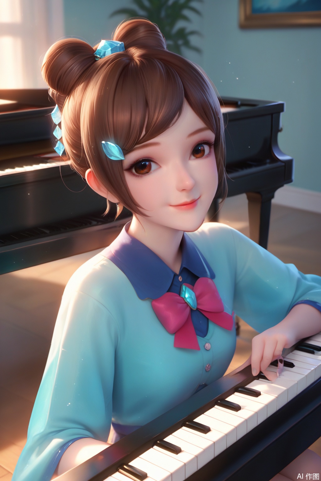 score_9,score_8_up,score_7_up,1girl,solo,looking at viewer,smile,bangs,brown hair,hair ornament,brown eyes,hair bun,single hair bun, piano,piano bench,playing piano,A musical performance,A blue room made of crystal