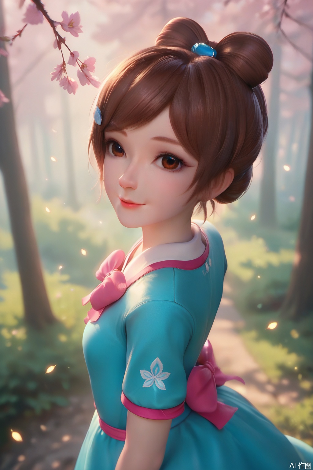 score_9,score_8_up,score_7_up,1girl,solo,looking at viewer,smile,bangs,brown hair,hair ornament,dress,pink bow,brown eyes,short sleeves,hair bun,blue dress,single hair bun,forest,Firefly,Cherry Blossoms,Maple Leaf,from above,