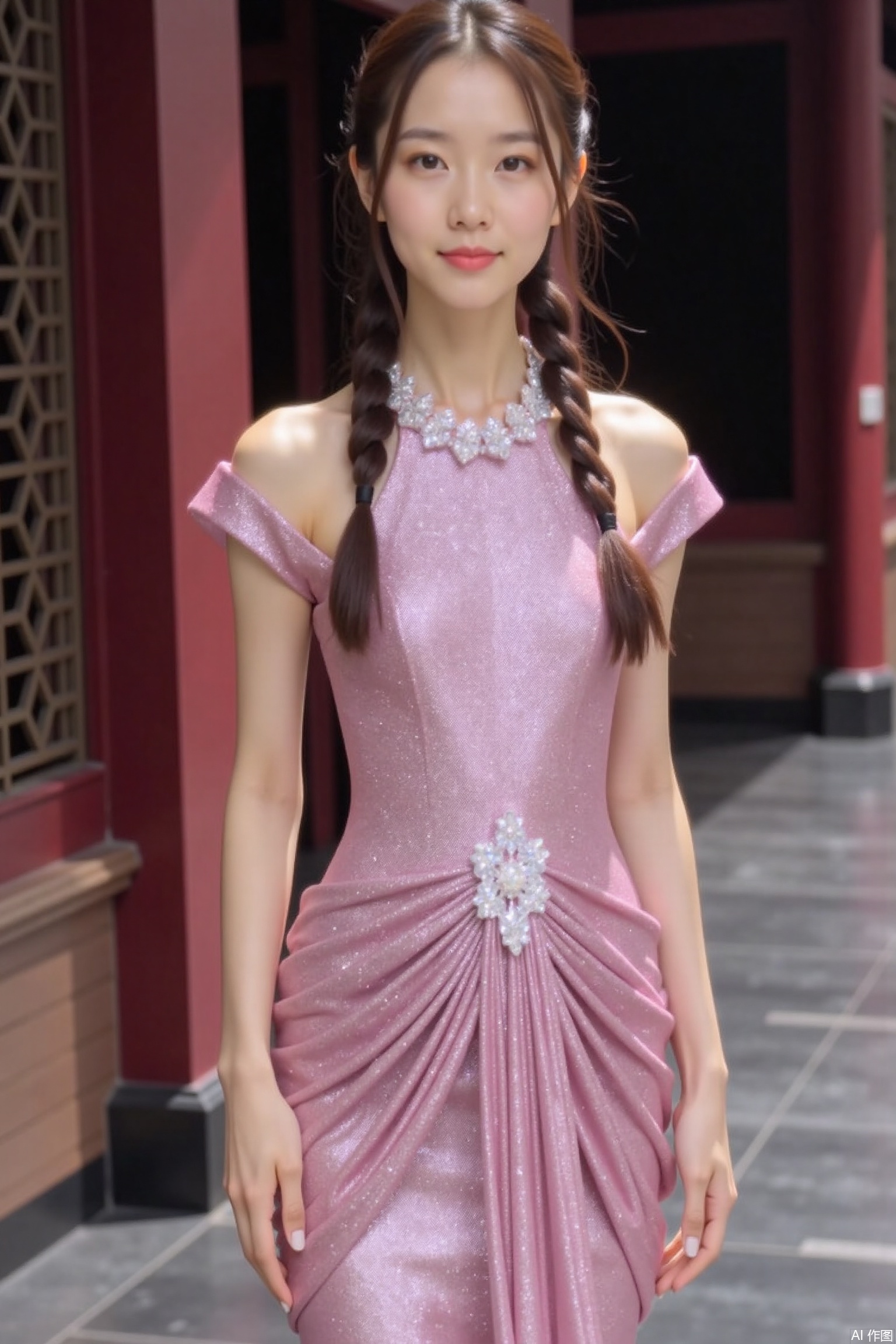 Magazine cover, fisheye,,1girl, solo,全身, twin braids,,,dress, bare shoulders, short sleeves, glitter dress,chinese style architecture,pink dress
