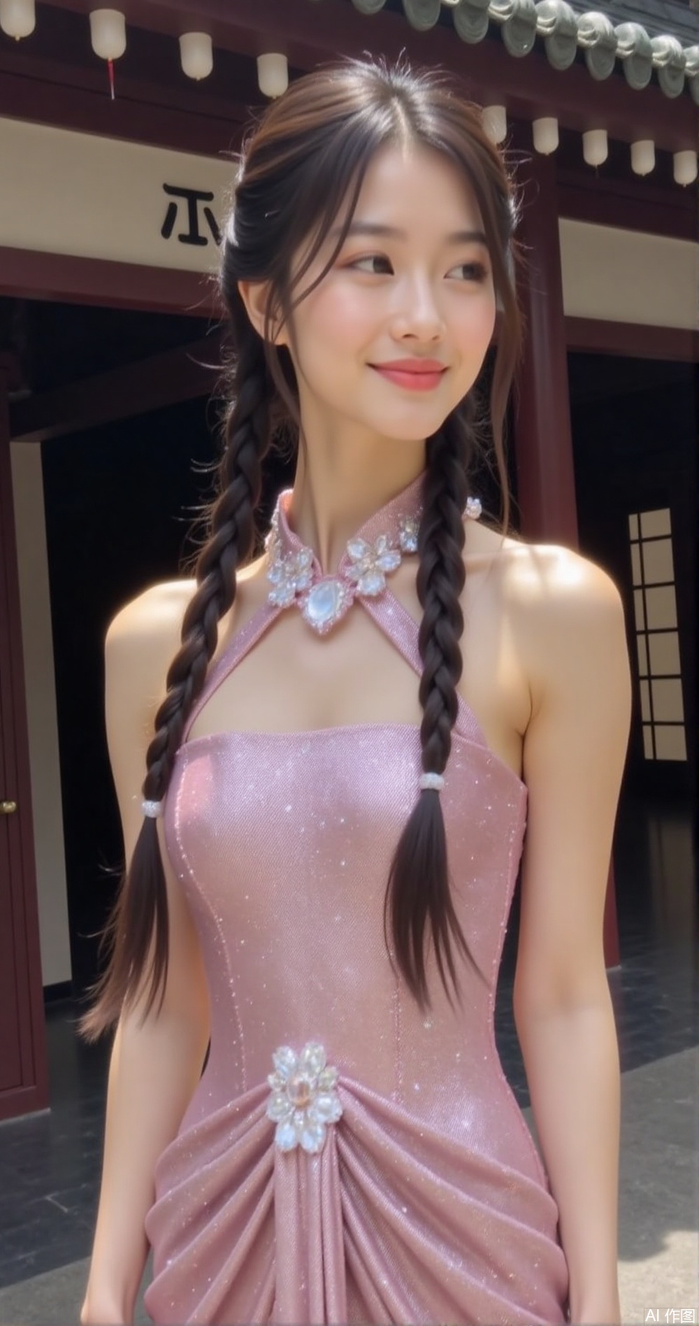 Magazine cover, fisheye,,1girl, solo,全身, twin braids,,,dress, bare shoulders, short sleeves, glitter dress,chinese style architecture,