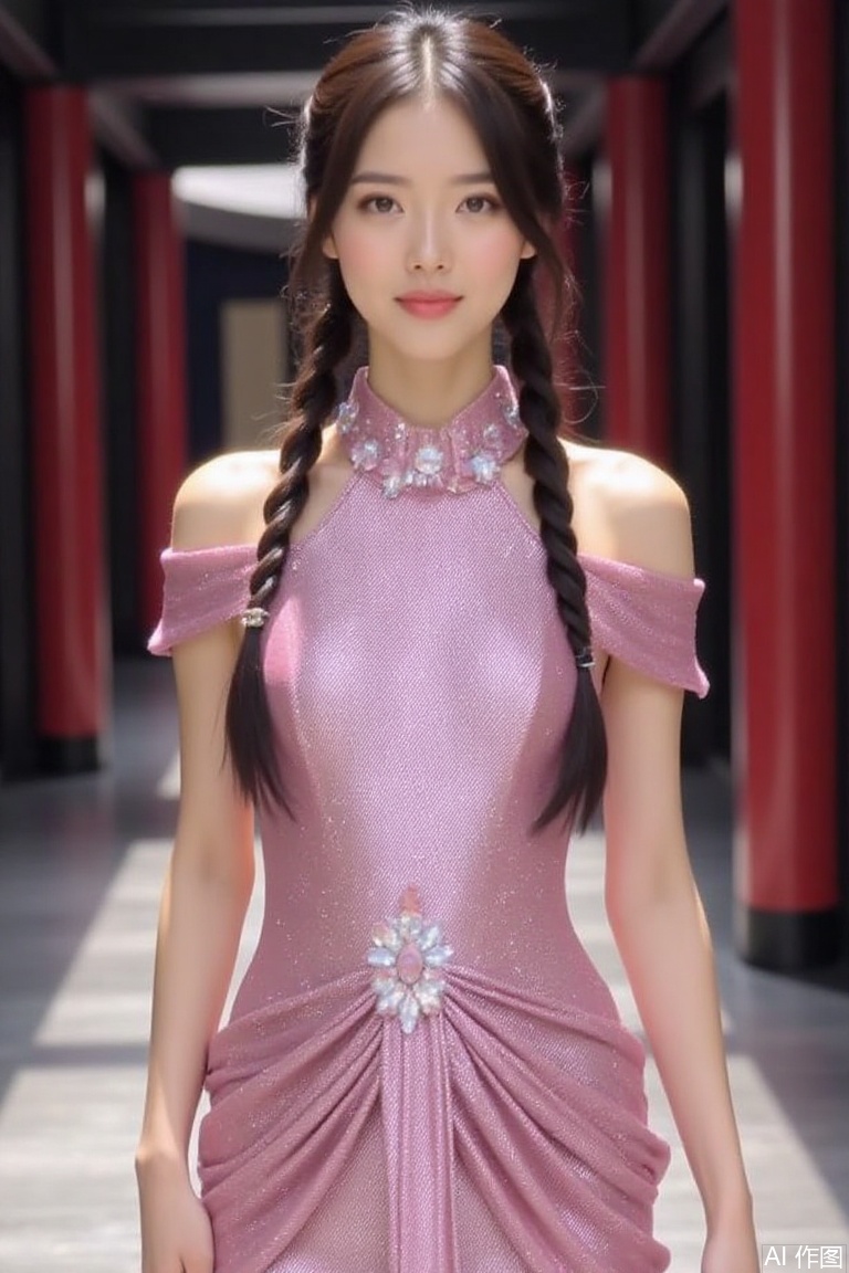 Magazine cover, fisheye,,1girl, solo,全身, twin braids,,,dress, bare shoulders, short sleeves, glitter dress,chinese style architecture,pink dress