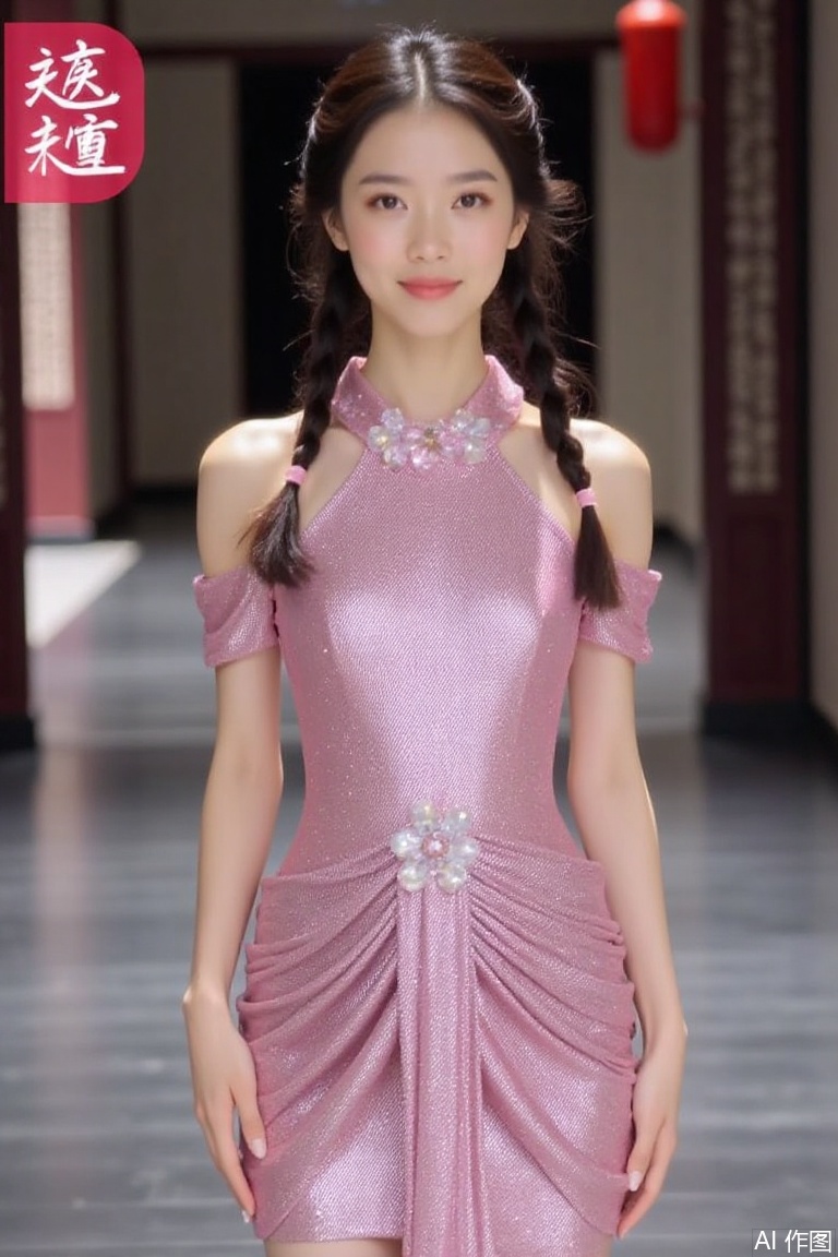 Magazine cover, fisheye,,1girl, solo,全身, twin braids,,,dress, bare shoulders, short sleeves, glitter dress,chinese style architecture,pink dress