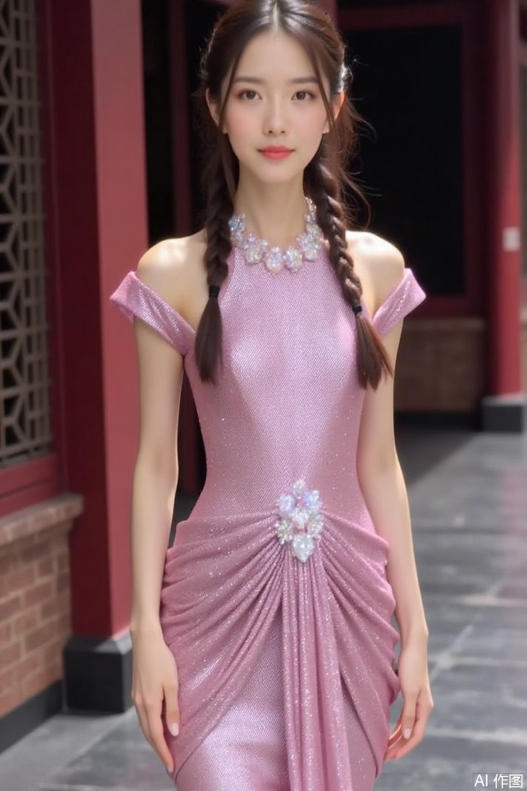 Magazine cover, fisheye,,1girl, solo,全身, twin braids,,,dress, bare shoulders, short sleeves, glitter dress,chinese style architecture,pink dress