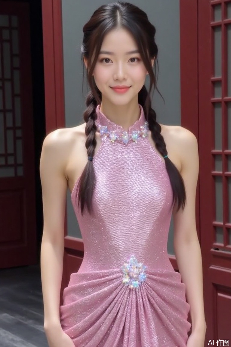 Magazine cover, fisheye,,1girl, solo,全身, twin braids,,,dress, bare shoulders, short sleeves, glitter dress,chinese style architecture,pink dress