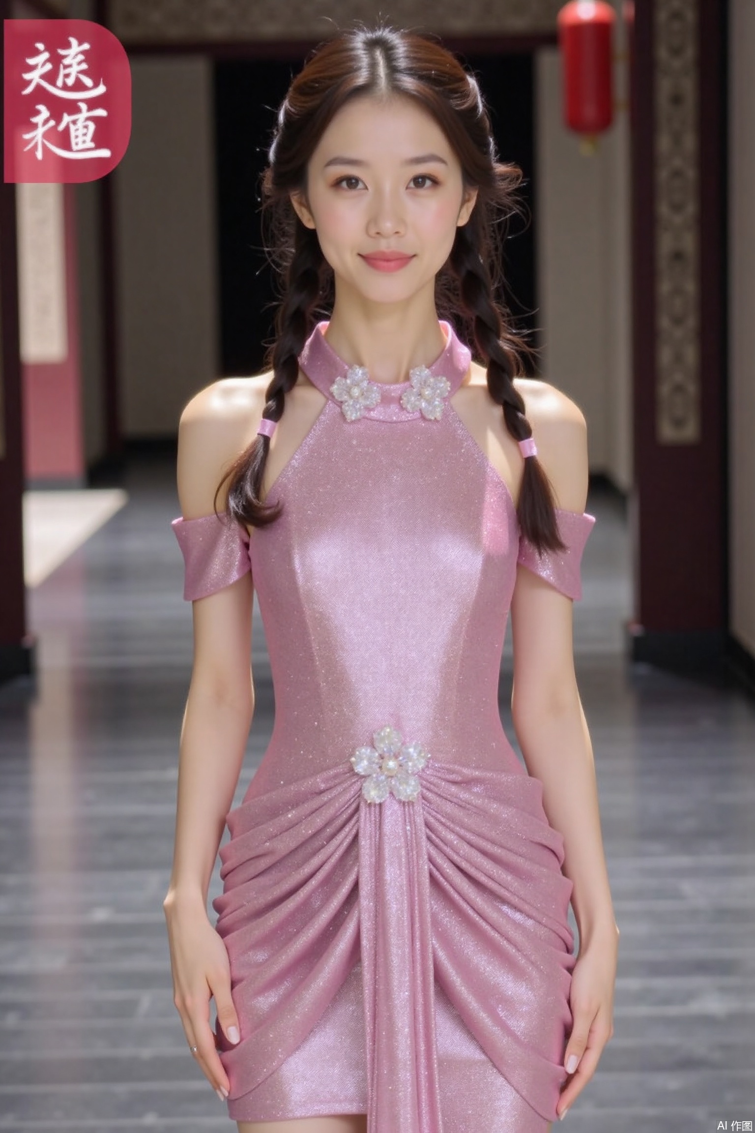 Magazine cover, fisheye,,1girl, solo,全身, twin braids,,,dress, bare shoulders, short sleeves, glitter dress,chinese style architecture,pink dress