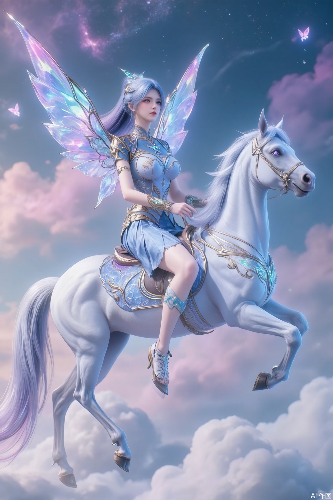 In a sky draped with flowing auroras and vibrant clouds, a graceful woman rides a sacred rainbow cloud-borne steed. Her silver-white hair cascades like a waterfall, its strands shimmering with auroral glow, as if the galaxy flows in the air. She wears a flowing, high-collared dress made of rainbow crystal threads, its hem swaying gently with her movements, as if auroral power flows through its fabric. Behind her, a pair of auroral wings unfolds, composed of transparent auroral crystal, its edges embedded with flowing rainbow hues, gently flapping as she moves, leaving a dreamy trail in the clouds. Her mount is a rainbow cloud-borne steed, its body woven from pure cloud mist and auroral power, its mane flowing like an aurora, radiating soft and dreamy light, each strand refracting different colors, from deep purple-blue to radiant gold, gentle pink, and lush green. The steed’s eyes are like two radiant stars, its pupils radiating gentle light, exuding a serene and sacred aura. The cloud-filled sky is suffused with rich auroral aura, where auroral flowers appear faintly in the mist, their petals dotted with vibrant rainbow hues, exuding powerful magical energy. Countless glowing runes float in the clouds, emitting mysterious light, as if whispering ancient spells. Her face is exquisitely beautiful, her gaze as dazzling as the stars, revealing a hint of mystery and tenderness. Her lips are purple-blue, her mouth slightly curved, carrying an imperceptible smile, exuding irresistible charm. Her face is surrounded by an auroral halo, adorned with vibrant rainbow hues, as if starlight flows on her face.