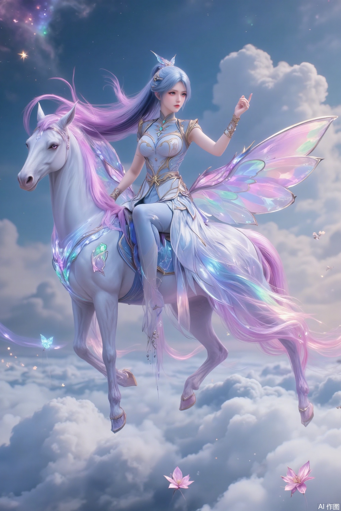 In a sky draped with flowing auroras and vibrant clouds, a graceful woman rides a sacred rainbow cloud-borne steed. Her silver-white hair cascades like a waterfall, its strands shimmering with auroral glow, as if the galaxy flows in the air. She wears a flowing, high-collared dress made of rainbow crystal threads, its hem swaying gently with her movements, as if auroral power flows through its fabric. Behind her, a pair of auroral wings unfolds, composed of transparent auroral crystal, its edges embedded with flowing rainbow hues, gently flapping as she moves, leaving a dreamy trail in the clouds. Her mount is a rainbow cloud-borne steed, its body woven from pure cloud mist and auroral power, its mane flowing like an aurora, radiating soft and dreamy light, each strand refracting different colors, from deep purple-blue to radiant gold, gentle pink, and lush green. The steed’s eyes are like two radiant stars, its pupils radiating gentle light, exuding a serene and sacred aura. The cloud-filled sky is suffused with rich auroral aura, where auroral flowers appear faintly in the mist, their petals dotted with vibrant rainbow hues, exuding powerful magical energy. Countless glowing runes float in the clouds, emitting mysterious light, as if whispering ancient spells. Her face is exquisitely beautiful, her gaze as dazzling as the stars, revealing a hint of mystery and tenderness. Her lips are purple-blue, her mouth slightly curved, carrying an imperceptible smile, exuding irresistible charm. Her face is surrounded by an auroral halo, adorned with vibrant rainbow hues, as if starlight flows on her face.