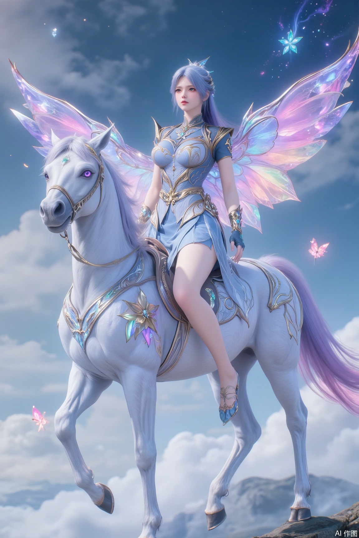 In a sky draped with flowing auroras and vibrant clouds, a graceful woman rides a sacred rainbow cloud-borne steed. Her silver-white hair cascades like a waterfall, its strands shimmering with auroral glow, as if the galaxy flows in the air. She wears a flowing, high-collared dress made of rainbow crystal threads, its hem swaying gently with her movements, as if auroral power flows through its fabric. Behind her, a pair of auroral wings unfolds, composed of transparent auroral crystal, its edges embedded with flowing rainbow hues, gently flapping as she moves, leaving a dreamy trail in the clouds. Her mount is a rainbow cloud-borne steed, its body woven from pure cloud mist and auroral power, its mane flowing like an aurora, radiating soft and dreamy light, each strand refracting different colors, from deep purple-blue to radiant gold, gentle pink, and lush green. The steed’s eyes are like two radiant stars, its pupils radiating gentle light, exuding a serene and sacred aura. The cloud-filled sky is suffused with rich auroral aura, where auroral flowers appear faintly in the mist, their petals dotted with vibrant rainbow hues, exuding powerful magical energy. Countless glowing runes float in the clouds, emitting mysterious light, as if whispering ancient spells. Her face is exquisitely beautiful, her gaze as dazzling as the stars, revealing a hint of mystery and tenderness. Her lips are purple-blue, her mouth slightly curved, carrying an imperceptible smile, exuding irresistible charm. Her face is surrounded by an auroral halo, adorned with vibrant rainbow hues, as if starlight flows on her face.