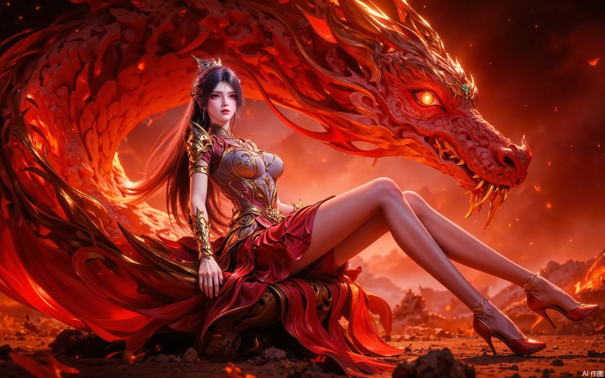 1 girl, solo, sitting sideways, facing forward, golden embossed breastplate, red silk short skirt, dragon scale pattern metal leggings, gold-plated dragon head shoulder armor, red ribbon surround special effects, deep gold hollow waist decoration, oily long legs, blood high heels, golden hair crown, black long hair dynamic fluttering, sitting leg curves, red pupils, flame-like red lips, huge red gold dragon beast (gold pattern scales/magma veins), dragon head looking straight at the audience, dragon claw energy halo, background burning particle special effects, red gold contrast system, metal and silk material comparison, dragon tail ribbon dynamic track, long eye red light projection, armor relief pattern consistent with dragon scales, ground magma cracks, floating ash particles, light and shadow levels, fantasy battlefield atmosphere rendering, Unreal Engine 5 rendering, low angle shooting, dynamic pose, background bokeh.