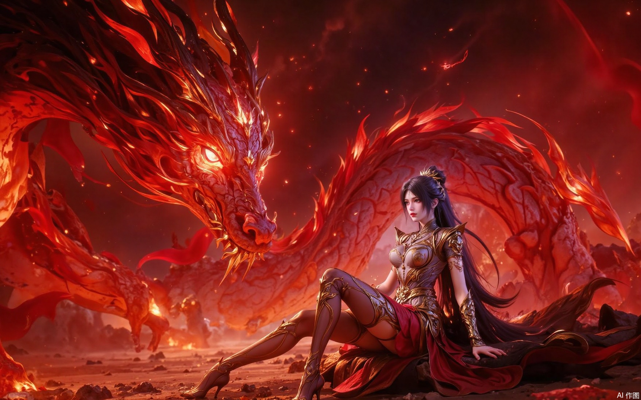 1 girl, solo, sitting sideways, facing forward, golden embossed breastplate, red silk short skirt, dragon scale pattern metal leggings, gold-plated dragon head shoulder armor, red ribbon surround special effects, deep gold hollow waist decoration, oily long legs, blood high heels, golden hair crown, black long hair dynamic fluttering, sitting leg curves, red pupils, flame-like red lips, huge red gold dragon beast (gold pattern scales/magma veins), dragon head looking straight at the audience, dragon claw energy halo, background burning particle special effects, red gold contrast system, metal and silk material comparison, dragon tail ribbon dynamic track, long eye red light projection, armor relief pattern consistent with dragon scales, ground magma cracks, floating ash particles, light and shadow levels, fantasy battlefield atmosphere rendering, Unreal Engine 5 rendering, low angle shooting, dynamic pose, background bokeh.