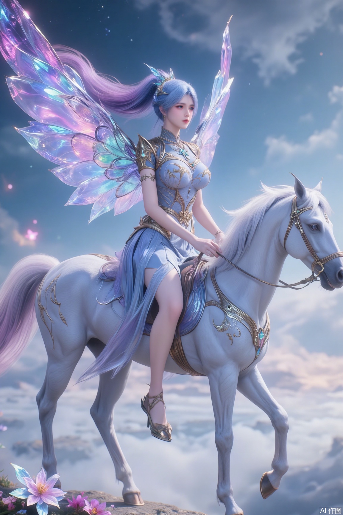 In a sky draped with flowing auroras and vibrant clouds, a graceful woman rides a sacred rainbow cloud-borne steed. Her silver-white hair cascades like a waterfall, its strands shimmering with auroral glow, as if the galaxy flows in the air. She wears a flowing, high-collared dress made of rainbow crystal threads, its hem swaying gently with her movements, as if auroral power flows through its fabric. Behind her, a pair of auroral wings unfolds, composed of transparent auroral crystal, its edges embedded with flowing rainbow hues, gently flapping as she moves, leaving a dreamy trail in the clouds. Her mount is a rainbow cloud-borne steed, its body woven from pure cloud mist and auroral power, its mane flowing like an aurora, radiating soft and dreamy light, each strand refracting different colors, from deep purple-blue to radiant gold, gentle pink, and lush green. The steed’s eyes are like two radiant stars, its pupils radiating gentle light, exuding a serene and sacred aura. The cloud-filled sky is suffused with rich auroral aura, where auroral flowers appear faintly in the mist, their petals dotted with vibrant rainbow hues, exuding powerful magical energy. Countless glowing runes float in the clouds, emitting mysterious light, as if whispering ancient spells. Her face is exquisitely beautiful, her gaze as dazzling as the stars, revealing a hint of mystery and tenderness. Her lips are purple-blue, her mouth slightly curved, carrying an imperceptible smile, exuding irresistible charm. Her face is surrounded by an auroral halo, adorned with vibrant rainbow hues, as if starlight flows on her face.