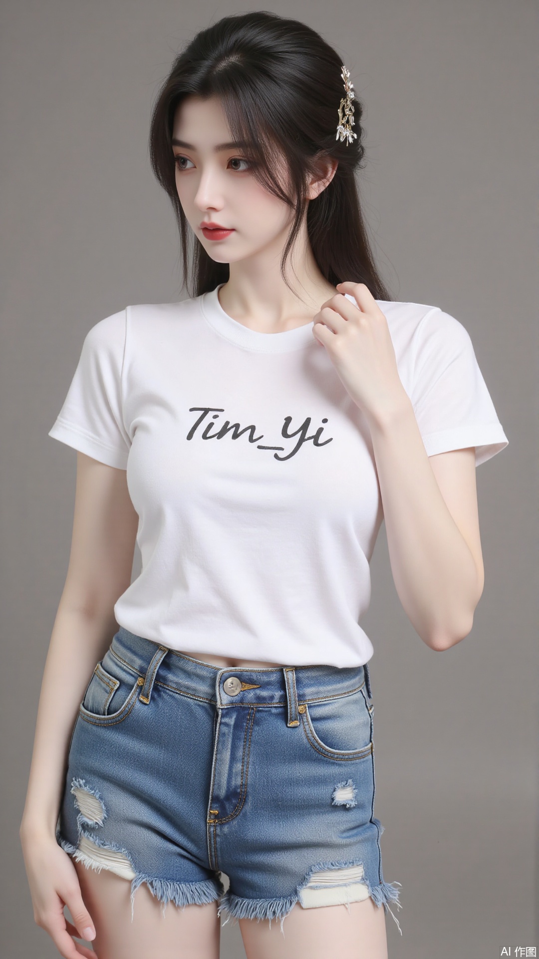 White t-shirt with ”Tim_Yi“ written on it,  jeans shorts,  1girl by Tim_Yi on Tensor.Art