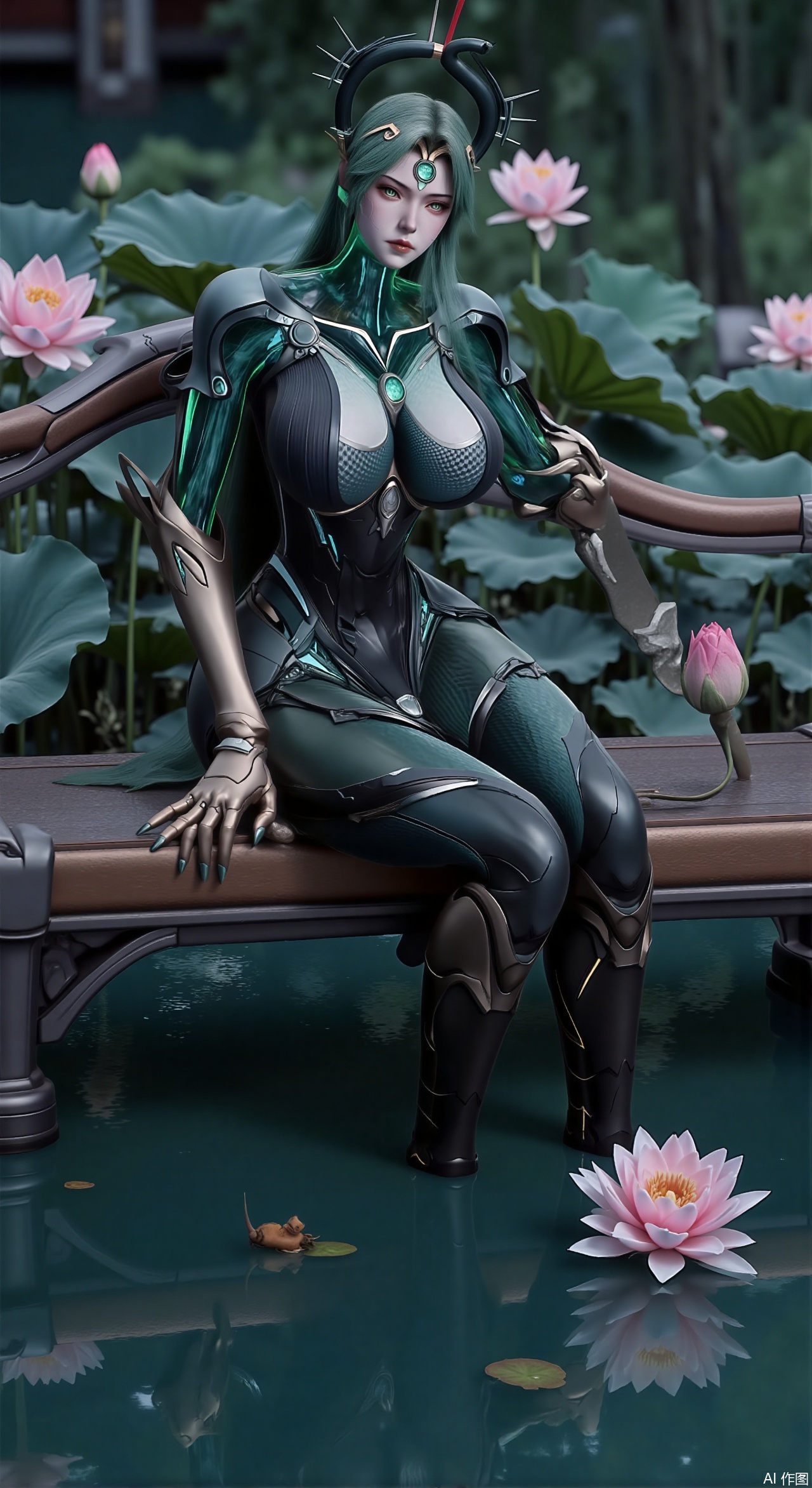 sfw,(masterpiece:1.2),best quality,a young woman sitting on a wooden bench in a pond with lily pads.The woman is posing with one hand on her hip and the other resting on the edge of the bench. The background is filled with pink and white lotus flowers and green leaves. The overall mood of the image is peaceful and serene,(huge breasts:2.99),(full breasts:2.99),(Background with traditional Chinese architecture, lotus pond and pink lotus flowers:1.39),Xzhihua,Xsiyouyou,Xyanruyu,Xmoxiaonan,Xyeqingxian,Xyinxuehou,Xpoyuhou,XbaihehuaiX,Xjiangbilan,Xhuajin