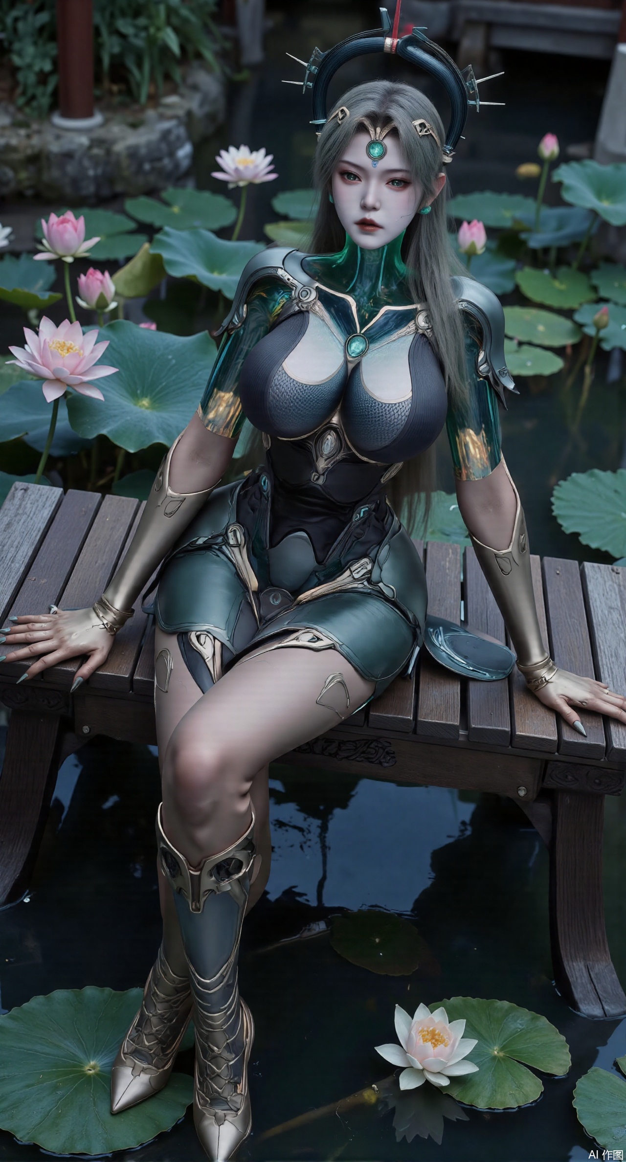 (masterpiece:1.2),best quality,The image is a digital illustration of a young woman sitting on a wooden bench in a pond with lily pads. She is wearing a long dress with design on the chest and sleeves. The dress has a high neckline and short sleeves,Holding a lotus in hand. She has long dark hair styled in loose waves and is wearing gold high heels. The woman is posing with one hand on her hip and the other resting on the edge of the bench. The background is filled with pink and white lotus flowers and green leaves. The overall mood of the image is peaceful and serene,(huge breasts:2.99),(full breasts:2.99),(Background with traditional Chinese architecture, lotus pond and pink lotus flowers:1.39),,Xanmiaoyi,Xyunwangshu,XlishaoyinY,Xbaixue,XanmiaoyiY,Xxiuqiuhua,XbaiyuerongY,XyunyunX,XqingnvzongZM,Xjuzi,Xshangguanweier,XanmiaoyiXY,XyunyunXY,Xjiangziyue,Xmeining,Xweinina,Xlenhuan,Xbabata,Xhewanyuzhiyao,XzixiaY,Xyilinna,Xyinxuehou,Xpoyuhou