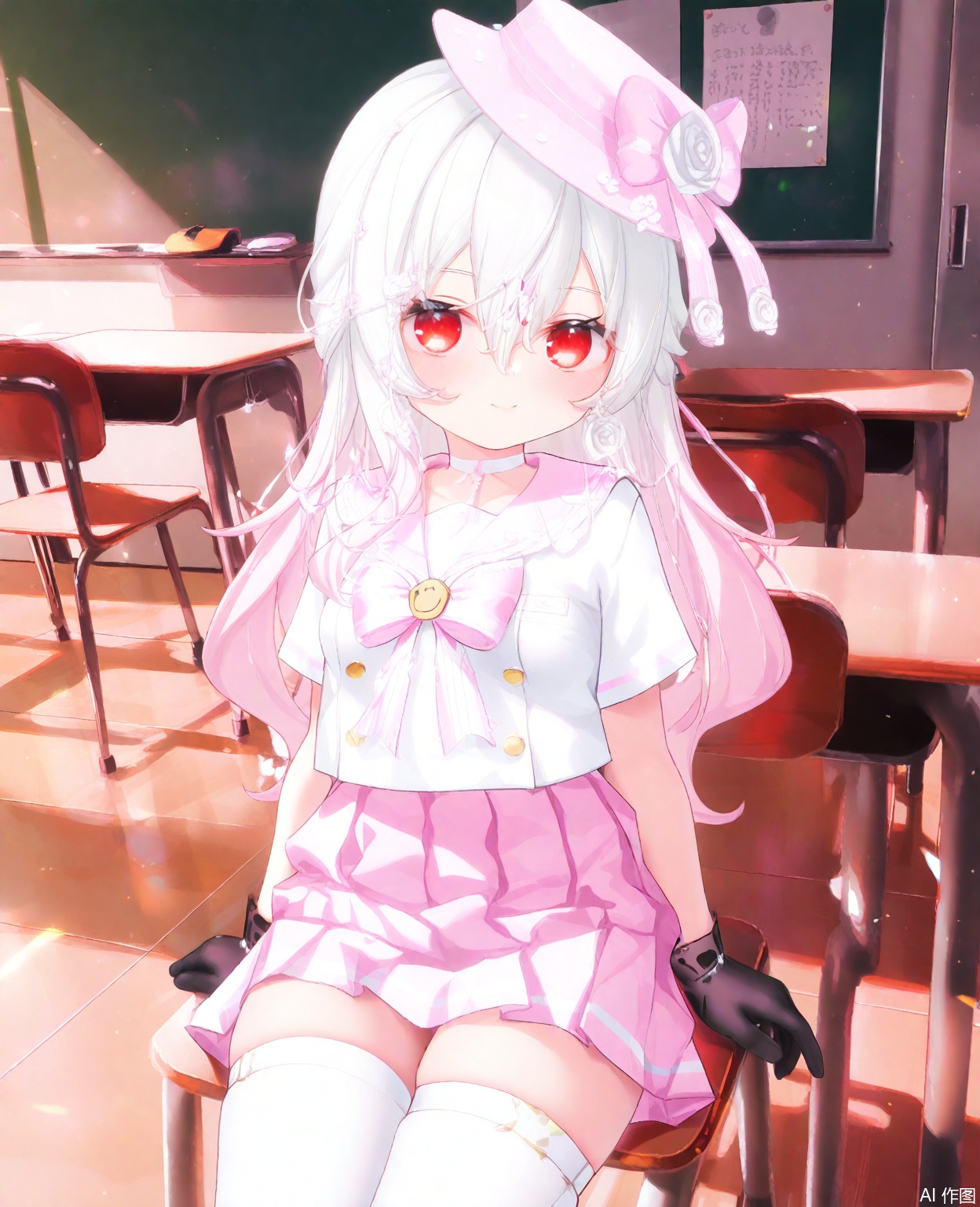 masterpiece,high quality,best quality,masterpiece,high quality,best quality,1loli,sit on the chair,writing on the desk,solo,long hair,breasts,red eyes,gloves,hat,hair between eyes,jewelry,earring,pink hair,white hair,multicolored hair,gradient hair,black gloves,school_uniform,serafuku,thighhighs,loafers,thigh strap,Tokitamashi,in classroom