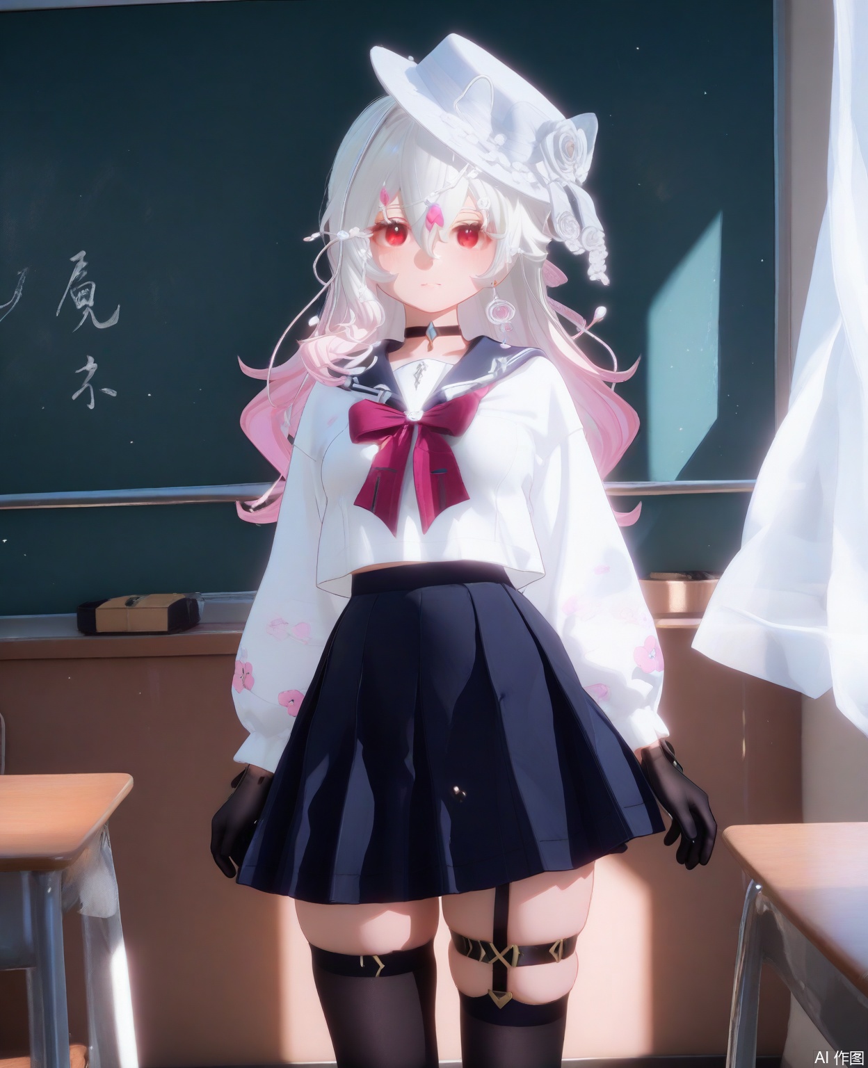 masterpiece,high quality,best quality,masterpiece,high quality,best quality,1girl,standing,solo,long hair,breasts,red eyes,gloves,hat,hair between eyes,jewelry,earring,pink hair,white hair,multicolored hair,gradient hair,black gloves,school_uniform,serafuku,thighhighs,loafers,thigh strap,Tokitamashi,in classroom
