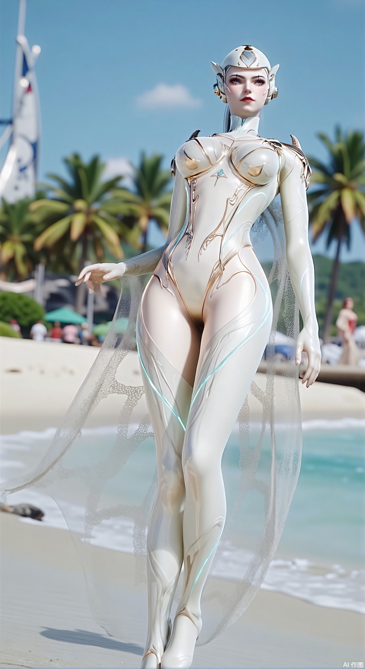 sfw,(masterpiece:1.2),best quality,absurdres,masterpiece,original,extremely detailed wallpaper,perfect lighting,1girl,solo,looking at viewer,(cowboy_shot:1.3),short hair,high heels,blurry background,depth of field,motion blur,crystal_earrings,headpiece,in summer,day,outdoors,nature,(standing,Seaside, beach, sailboat, coconut trees:1.59),(huge breasts:2.99),(full breasts:2.99),Xzhihua,Xsiyouyou,Xyanruyu,Xmoxiaonan,Xyeqingxian,Xyinxuehou,Xpoyuhou,XbaihehuaiX,Xjiangbilan,Xhuajin