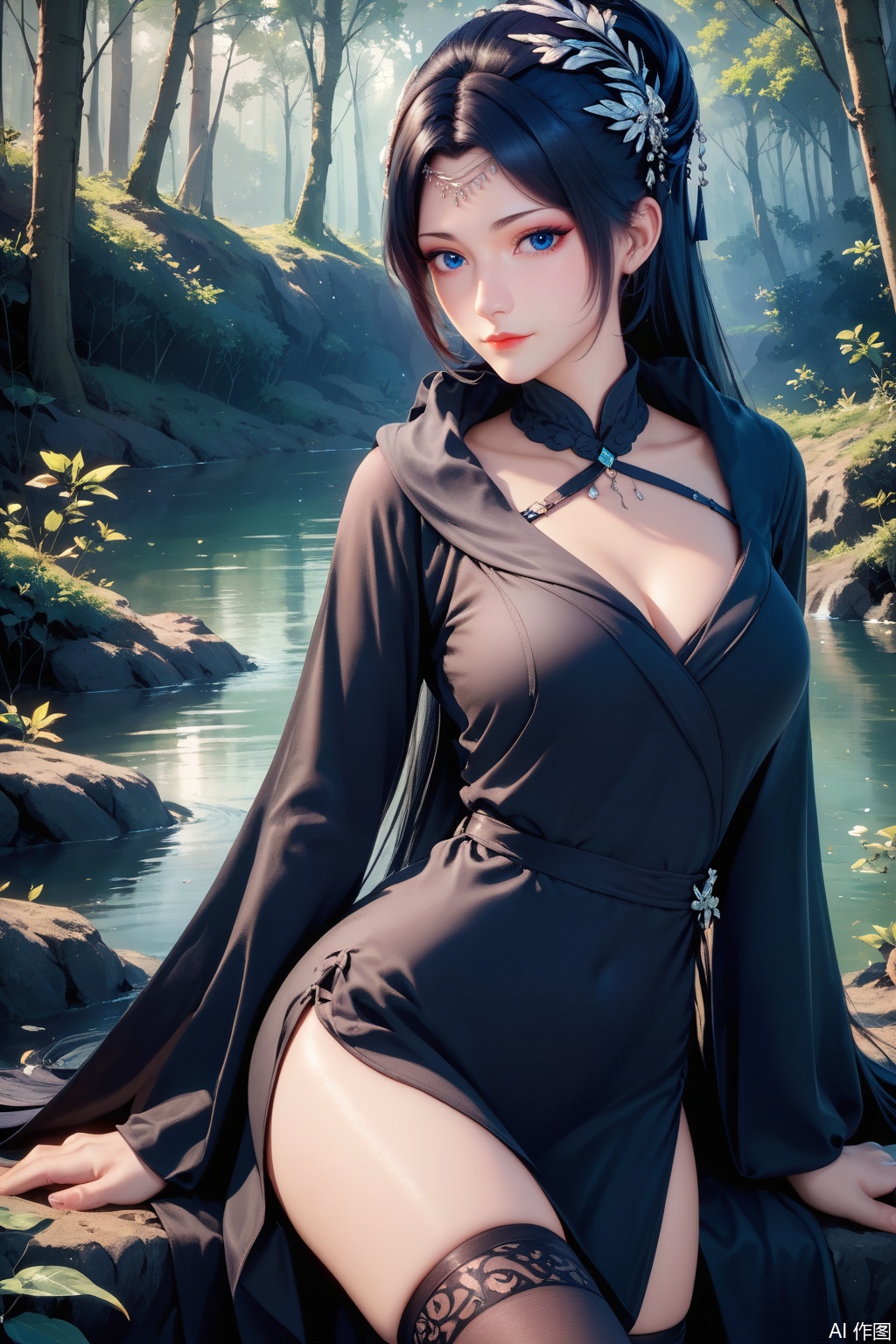 score_9,score_8_up,score_7_up,1girl, solo, long hair, looking at viewer, blue eyes, black hair, hair ornament, long sleeves, dress, Black dress,Thigh exposed,thighhighs,looking at viewer,Forest,Forest,