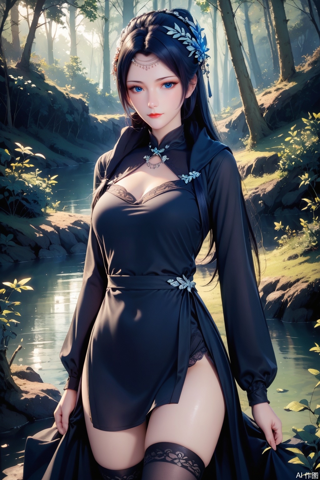 score_9,score_8_up,score_7_up,1girl, solo, long hair, looking at viewer, blue eyes, black hair, hair ornament, long sleeves, dress, Black dress,Thigh exposed,thighhighs,looking at viewer,Forest,Forest,