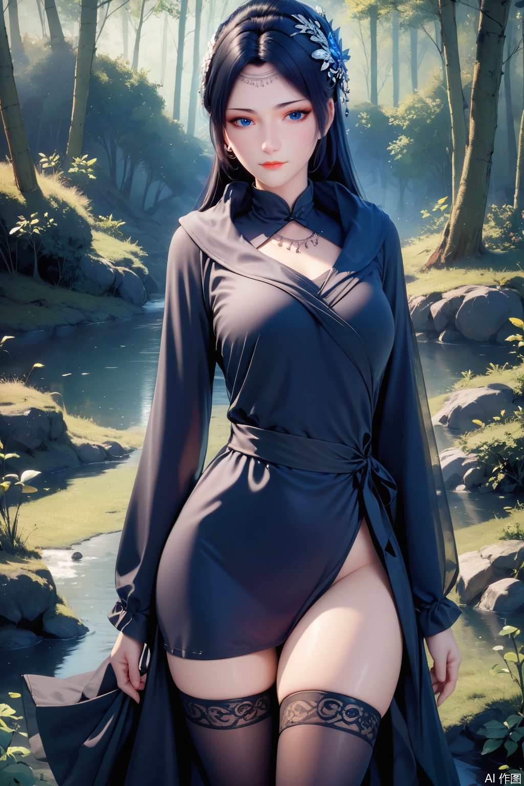 score_9,score_8_up,score_7_up,1girl, solo, long hair, looking at viewer, blue eyes, black hair, hair ornament, long sleeves, dress, Black dress,Thigh exposed,thighhighs,looking at viewer,Forest,Forest,