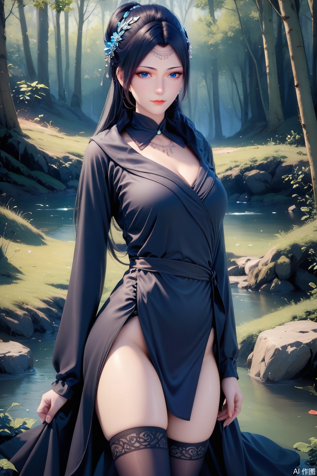 score_9,score_8_up,score_7_up,1girl, solo, long hair, looking at viewer, blue eyes, black hair, hair ornament, long sleeves, dress, Black dress,Thigh exposed,thighhighs,looking at viewer,Forest,Forest,