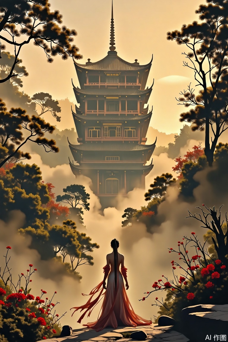 The image depicts a serene and mystical scene with a silhouette of a person standing in the foreground, facing away from the viewer. The person is dressed in flowing, intricate garments that resemble traditional East Asian attire, possibly inspired by historical or cultural depictions. The background features a majestic pagoda, partially obscured by mist and surrounded by lush, vibrant foliage. The pagoda is a multi-tiered structure with a distinct, tiered roof, typical of traditional East Asian architecture. The scene is bathed in a warm, golden light, suggesting either sunrise or sunset, which adds a sense of tranquility and mystique to the setting. The overall atmosphere is ethereal, with soft, diffused lighting and a sense of depth created by the layering of trees, plants, and the pagoda.