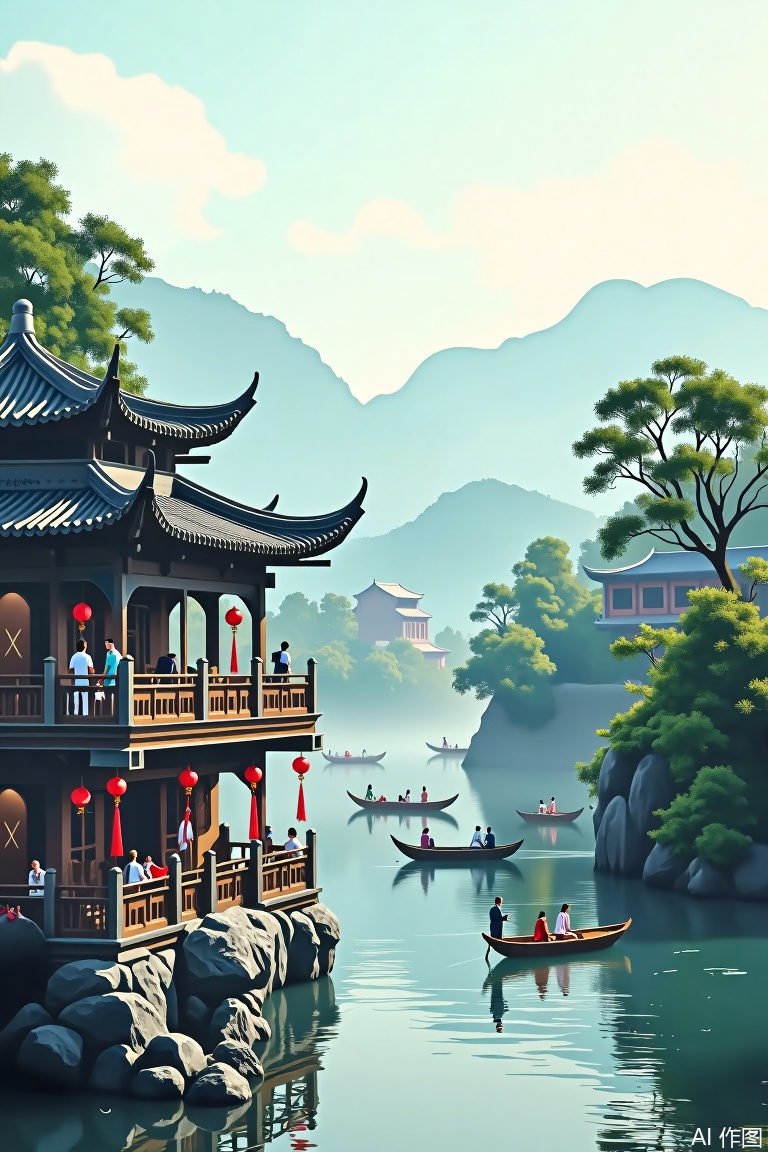 The image depicts a serene and traditional Chinese landscape scene. In the foreground, there is a multi-story building with intricate wooden architecture and curved rooflines, adorned with red lanterns. Several people are seen on the balcony, engaging in various activities, including conversation and possibly overseeing the scene. Below the balcony, there is a stone foundation that extends into the water.

In the middle ground, a river flows, with several traditional boats floating on it. The boats are long and narrow, with some carrying passengers and others appearing to be empty. The river is surrounded by lush greenery and misty mountains in the background, creating a sense of depth and tranquility. The mountains are layered, with some peaks shrouded in mist, adding to the ethereal quality of the scene.

The overall atmosphere is calm and reflective, capturing a moment of cultural and historical significance.